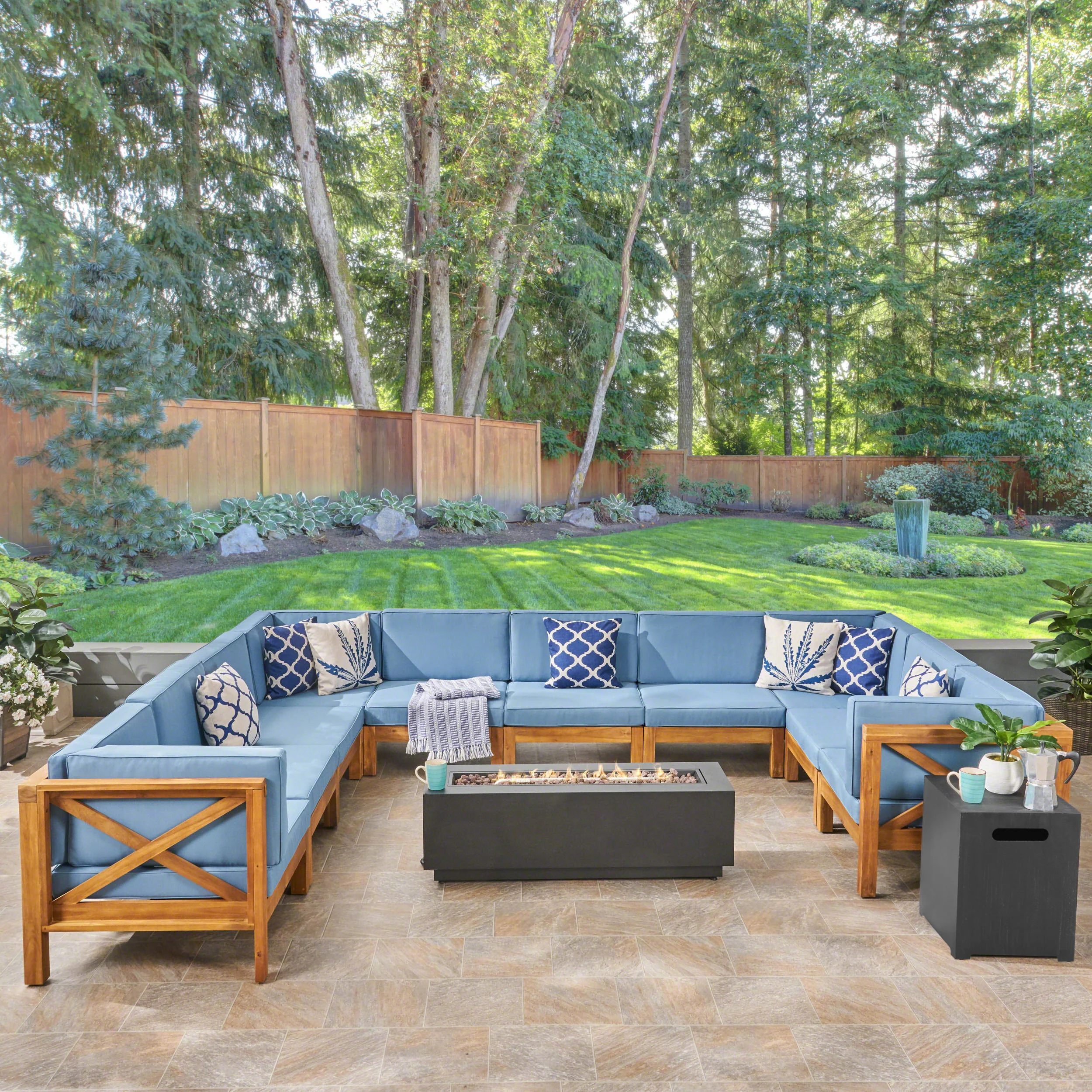 Lorelei Outdoor Acacia Wood 10 Seater U-Shaped Sectional Sofa Set with Fire Pit - furnishings