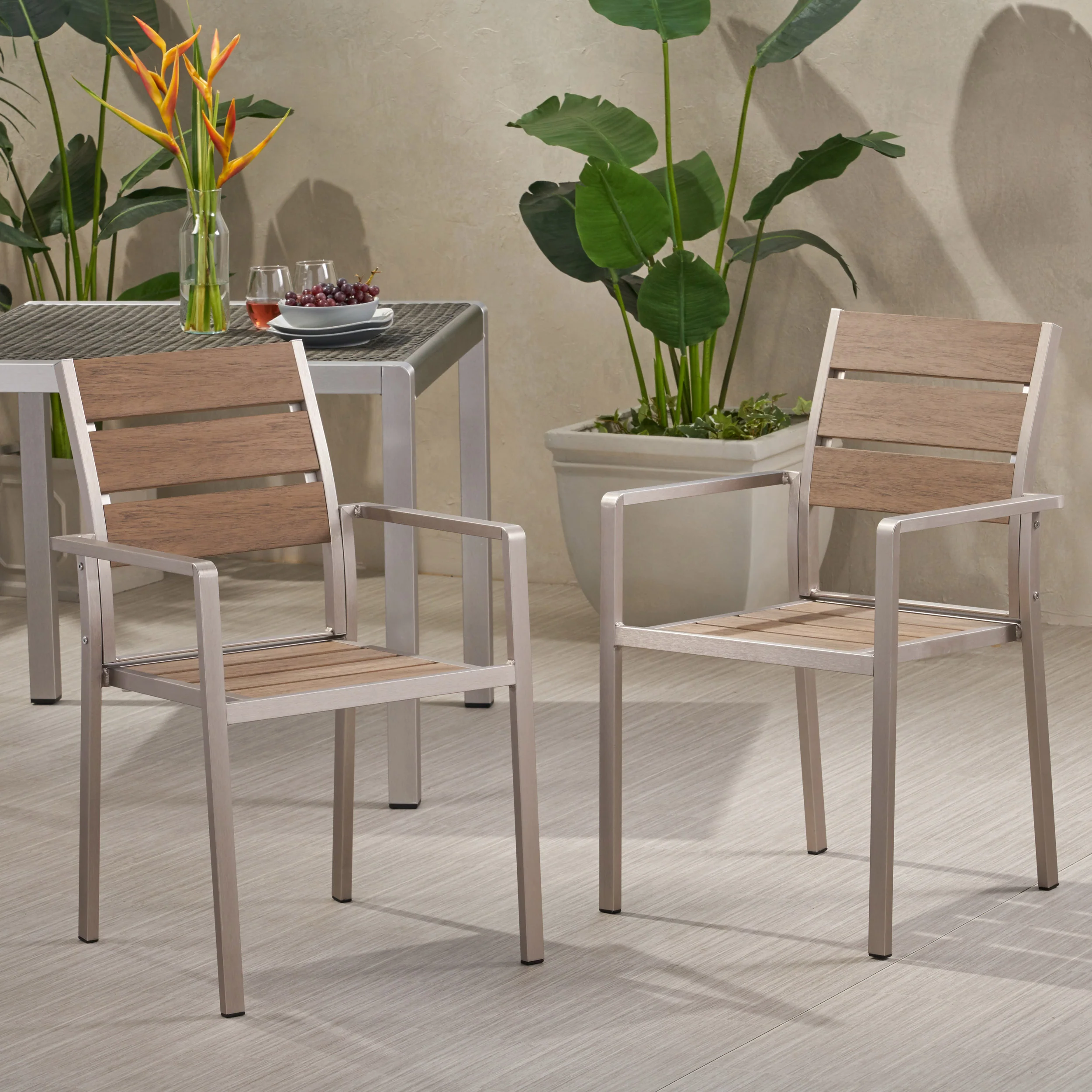 Cherie Outdoor Modern Aluminum Dining Chair with Faux Wood Seat (Set of 2) - furnishings