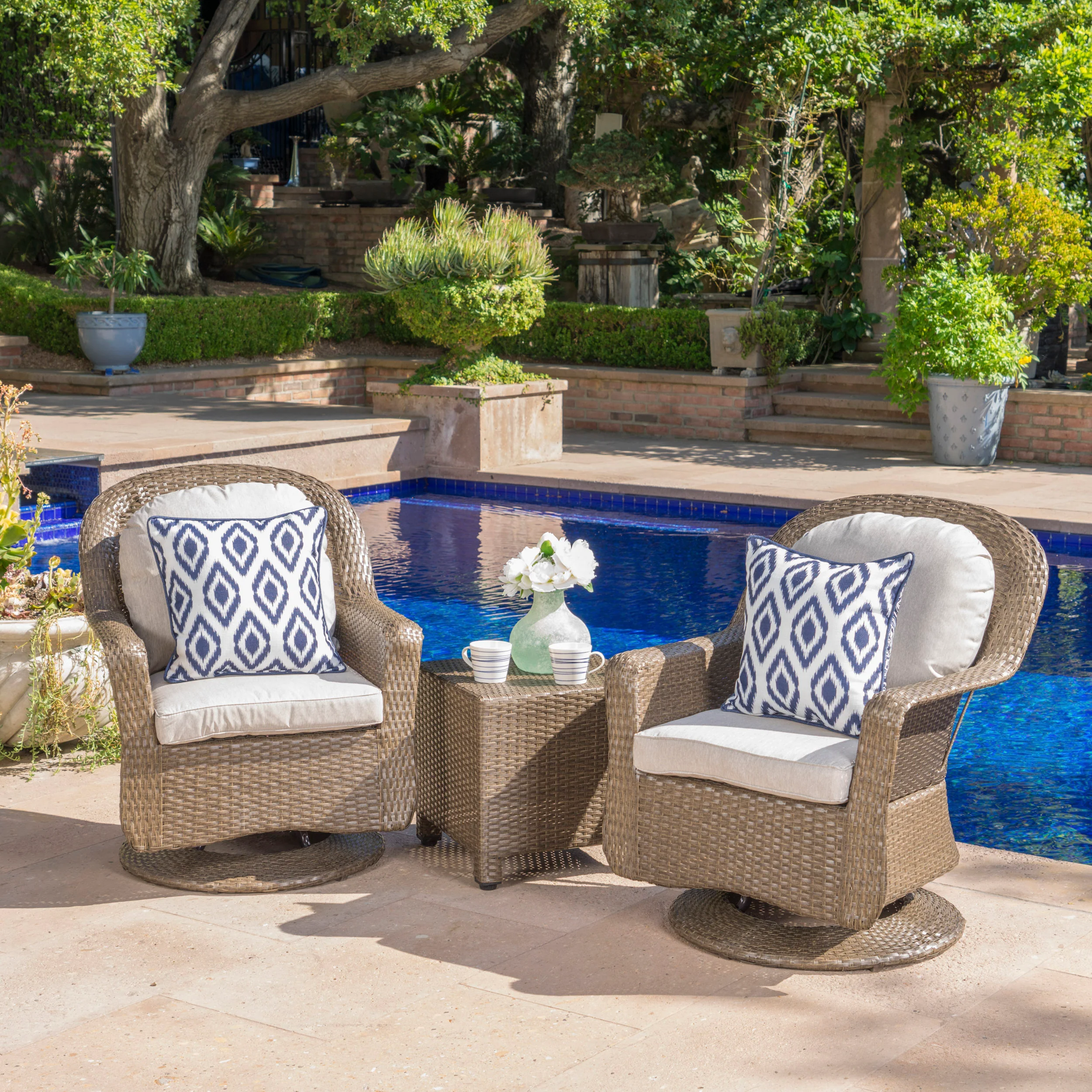 Linsten Outdoor Wicker Swivel Club Chairs and Side Table Chat Set - furnishings