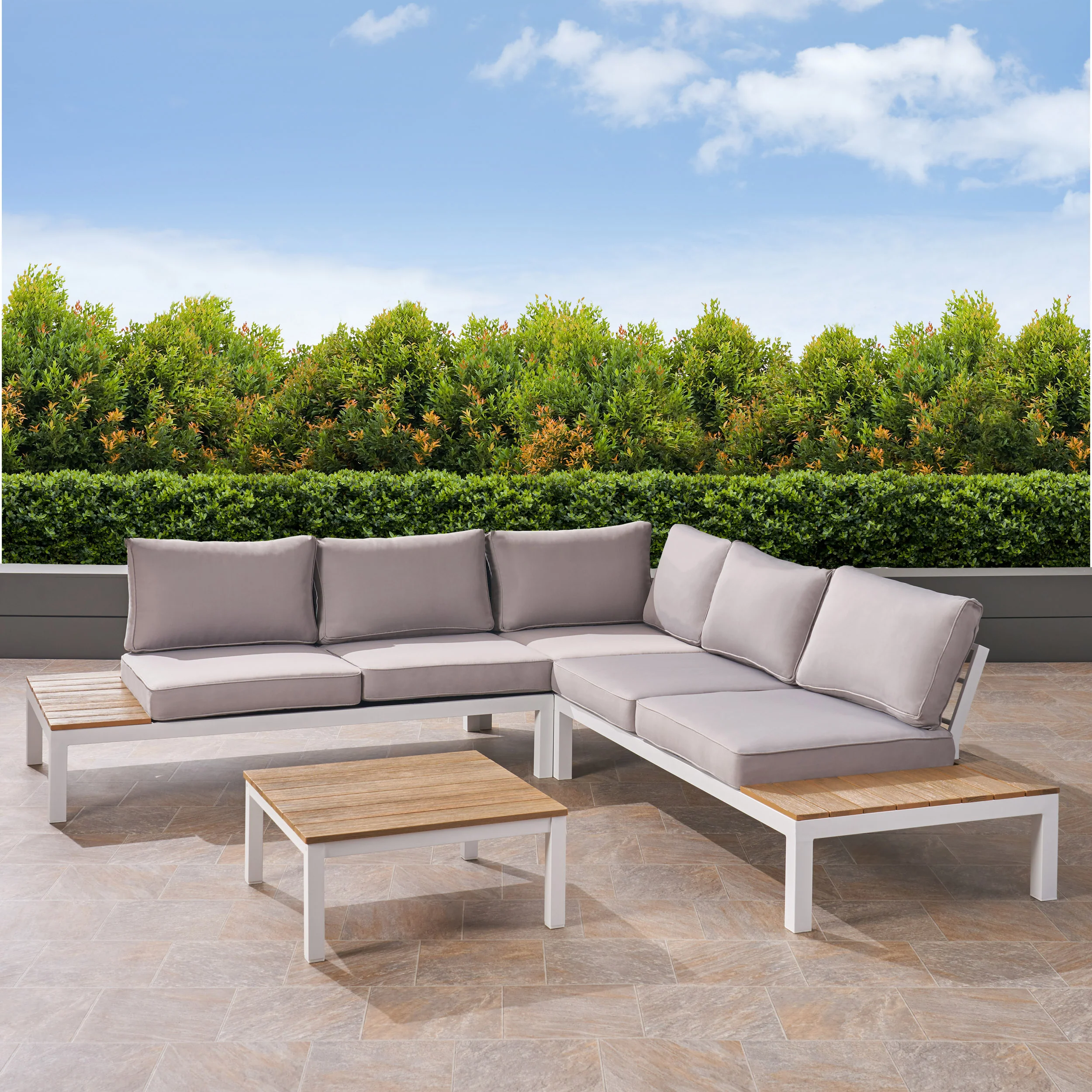 Blessen Outdoor Aluminum and Wood V-Shaped Sofa Set with Cushions - furnishings