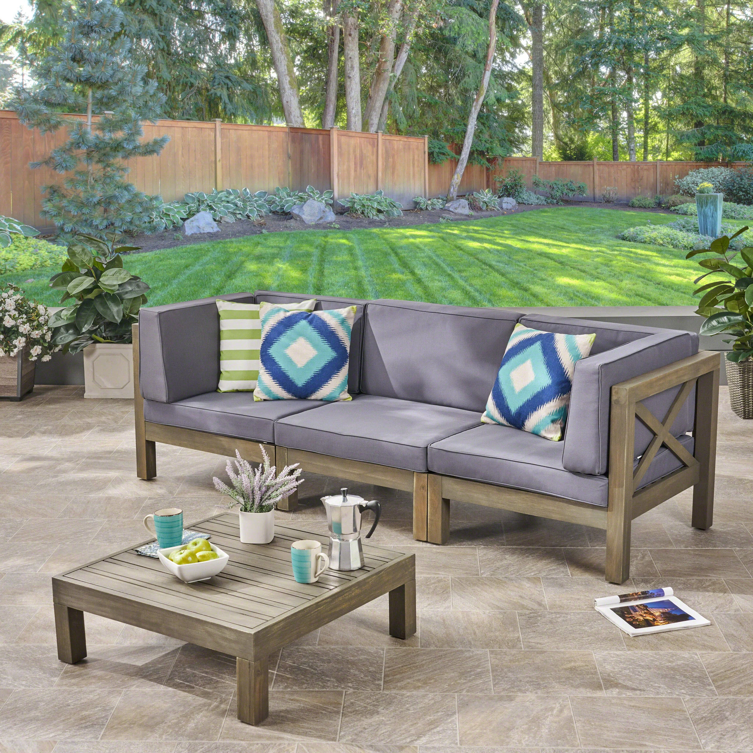 Keith Outdoor Sectional Sofa Set with Coffee Table  3-Seater  Acacia Wood  Water-Resistant Cushions - furnishings