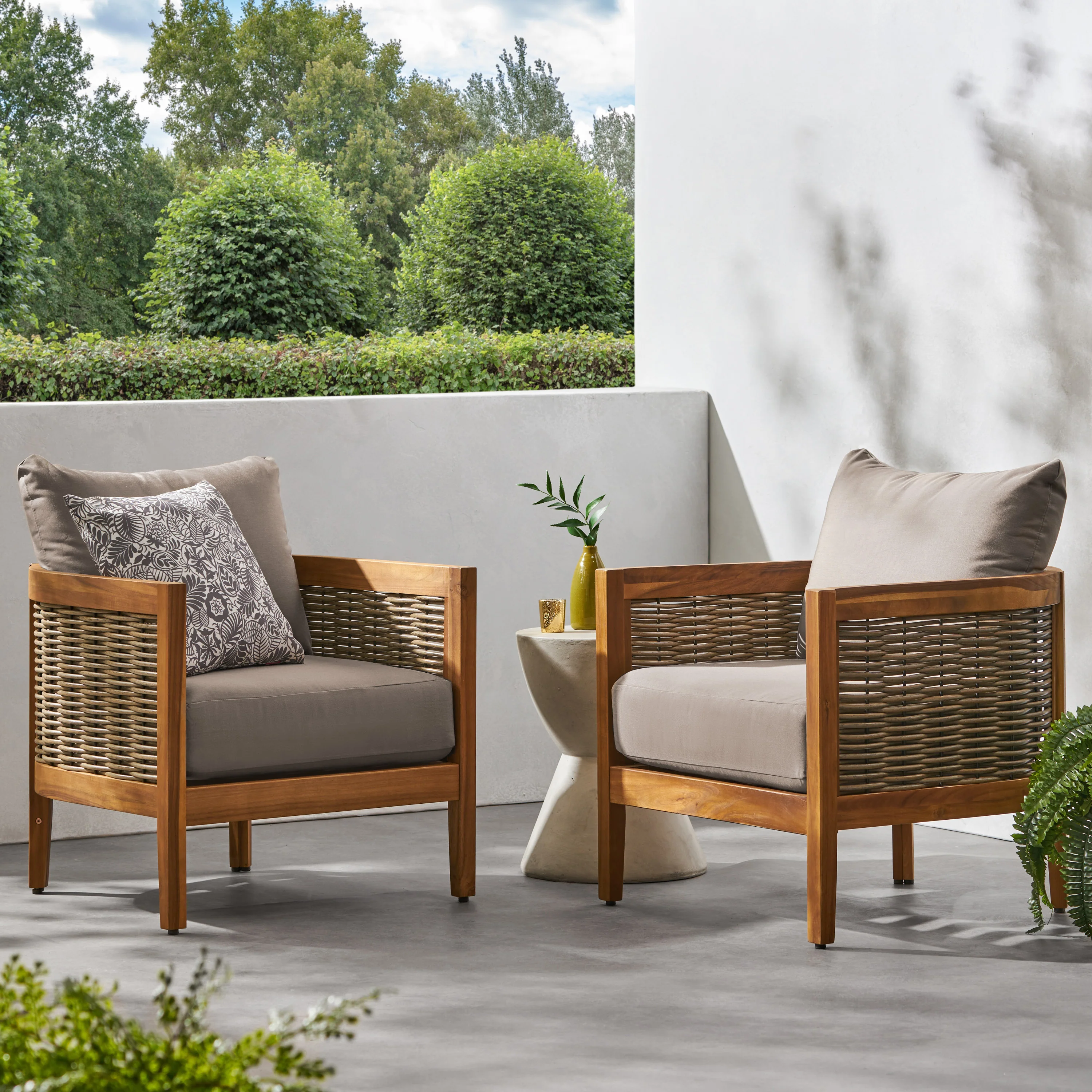 The Crowne Collection Outdoor Acacia Wood Club Chairs with Optional Sunbrella Cushions, Set of 2 - furnishings