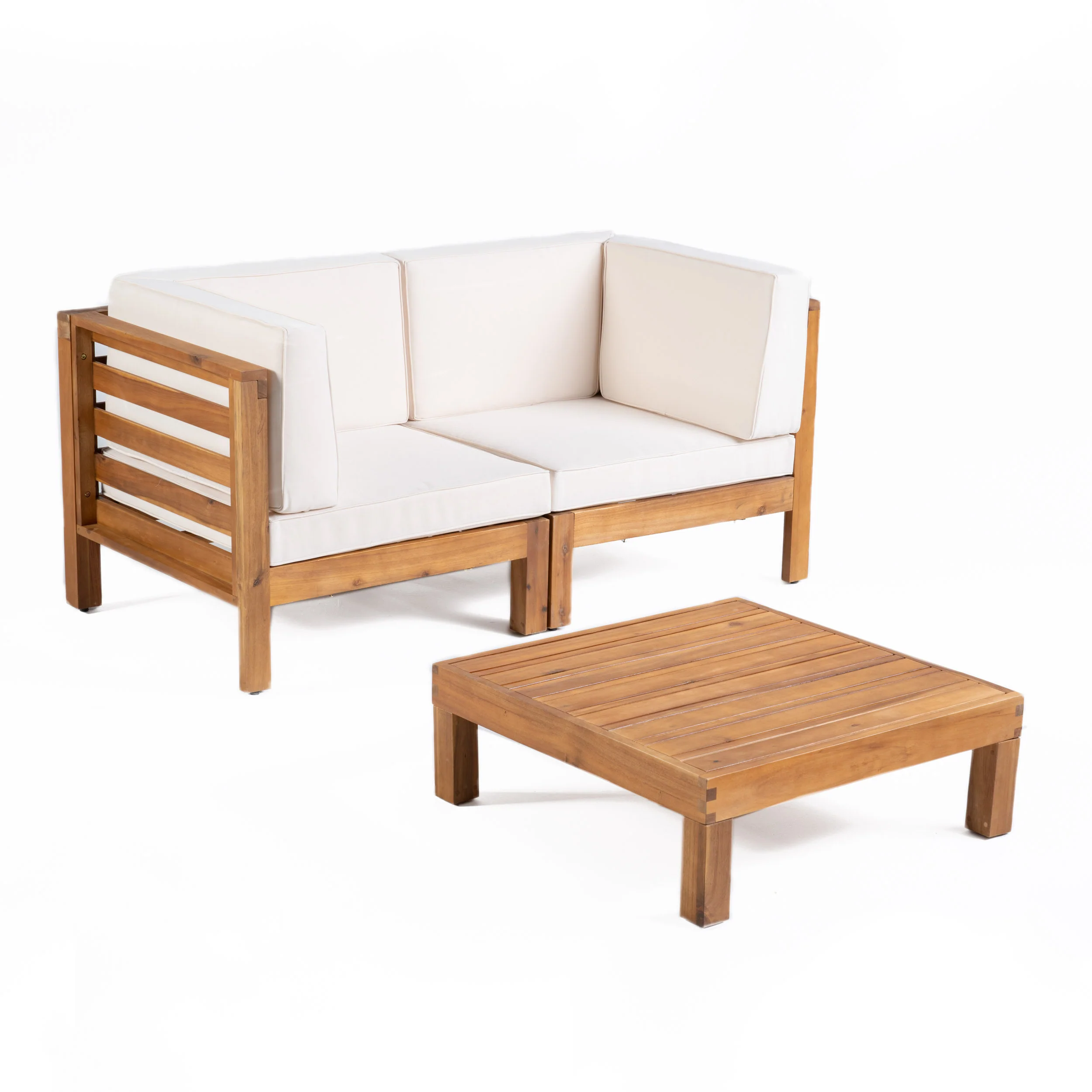 Dawson Outdoor Sectional Love Seat Set with Coffee Table - 3-Piece 2-Seater - Acacia Wood - Outdoor Cushions - furnishings
