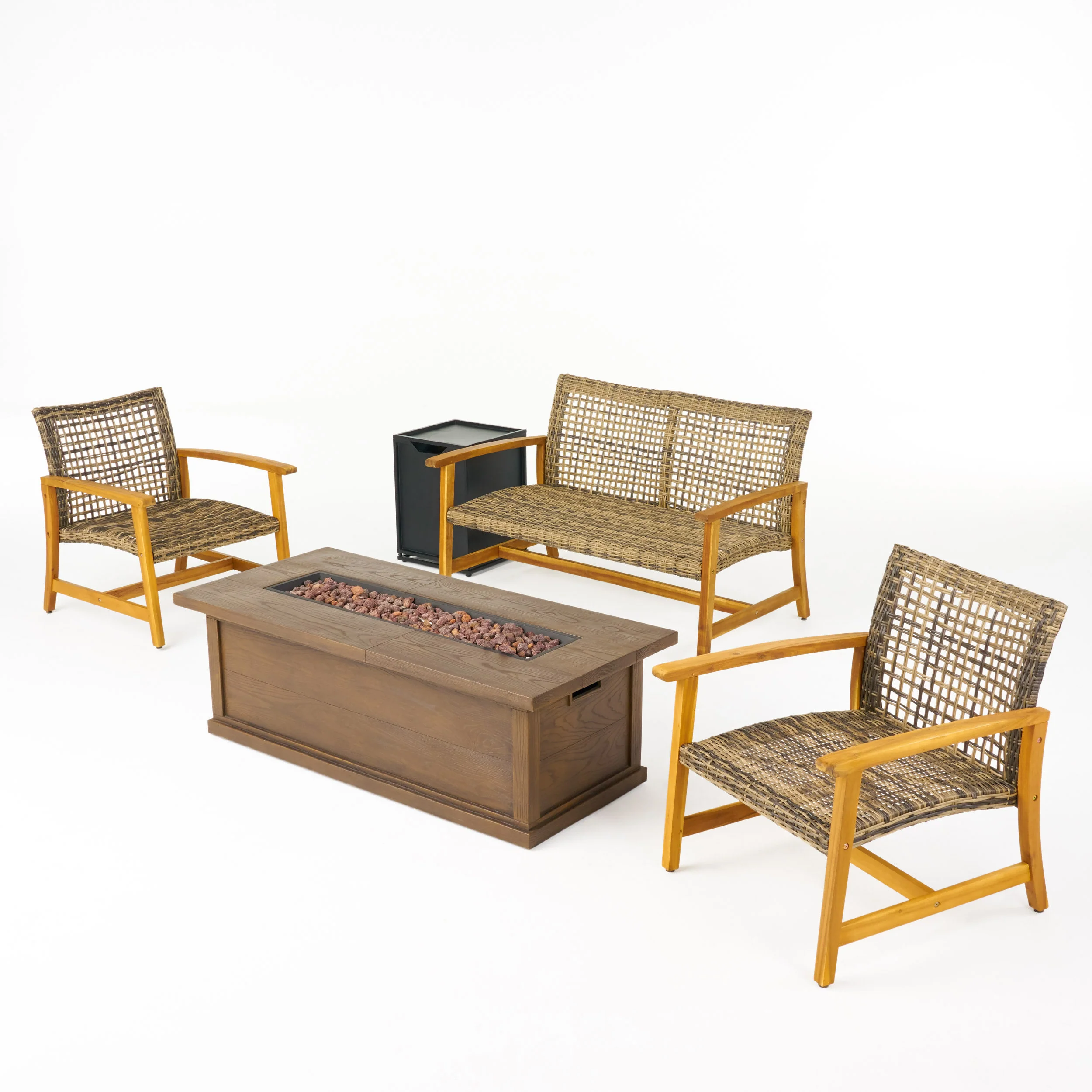 Rachel Outdoor 5 Piece Wood and Wicker Chat Set with Fire Pit - furnishings