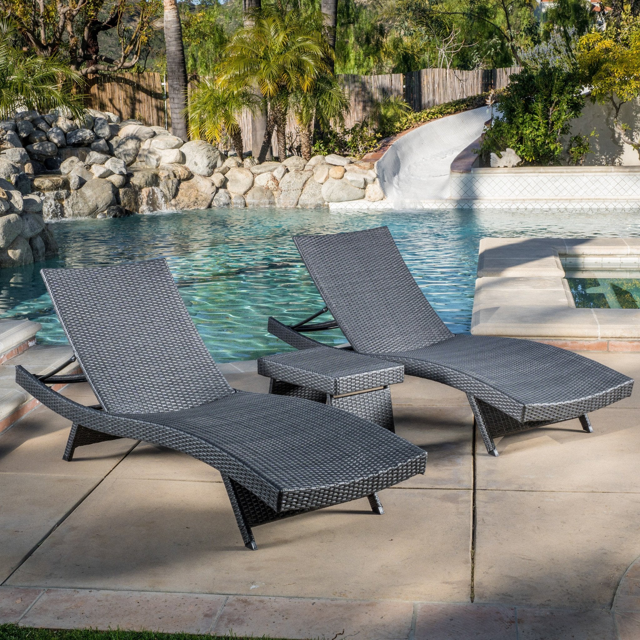 Lakeport Outdoor Grey Wicker 3-piece Adjustable Chaise Lounge Set - furnishings