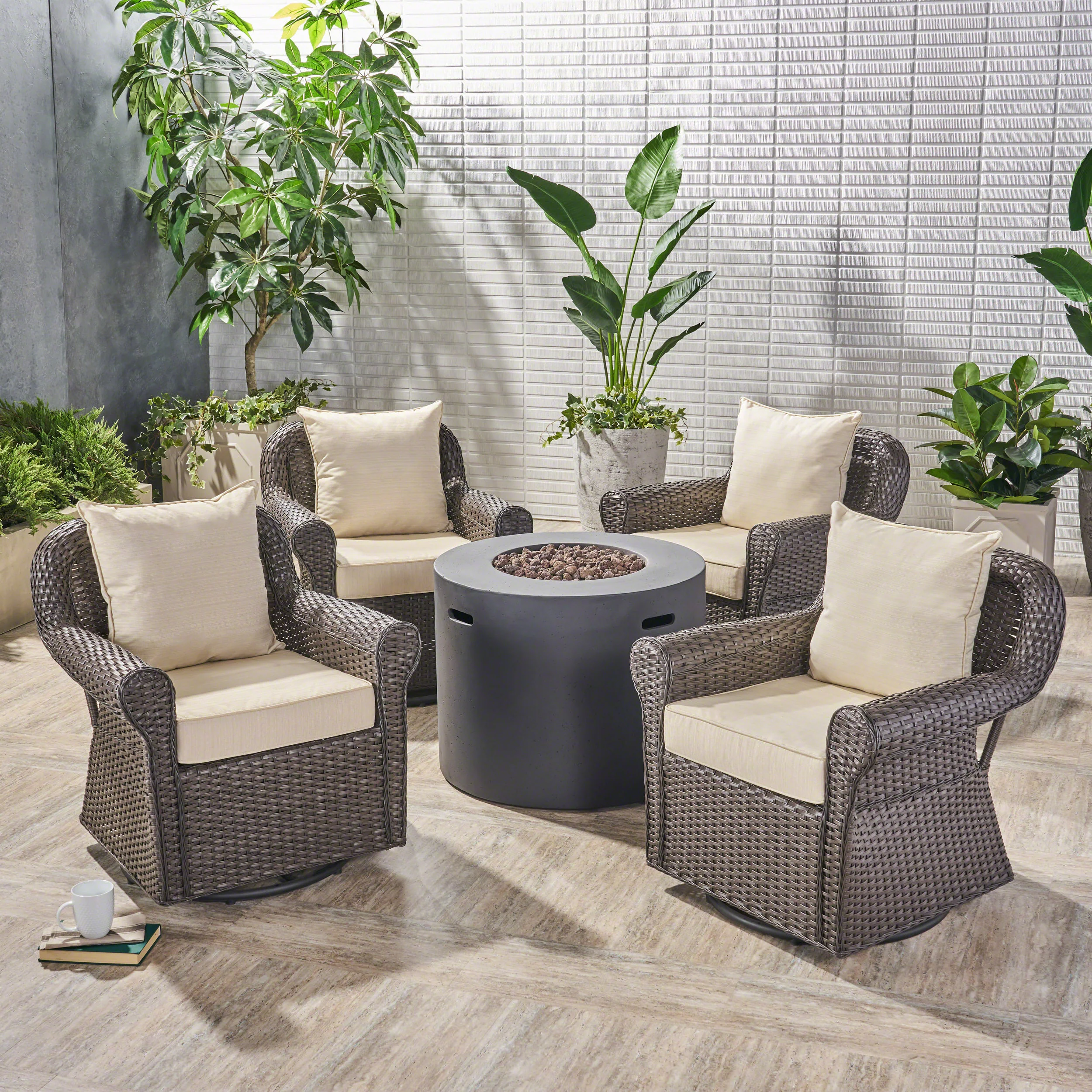 Harding Outdoor 4 Piece Swivel Club Chair Set with Round Fire Pit - furnishings