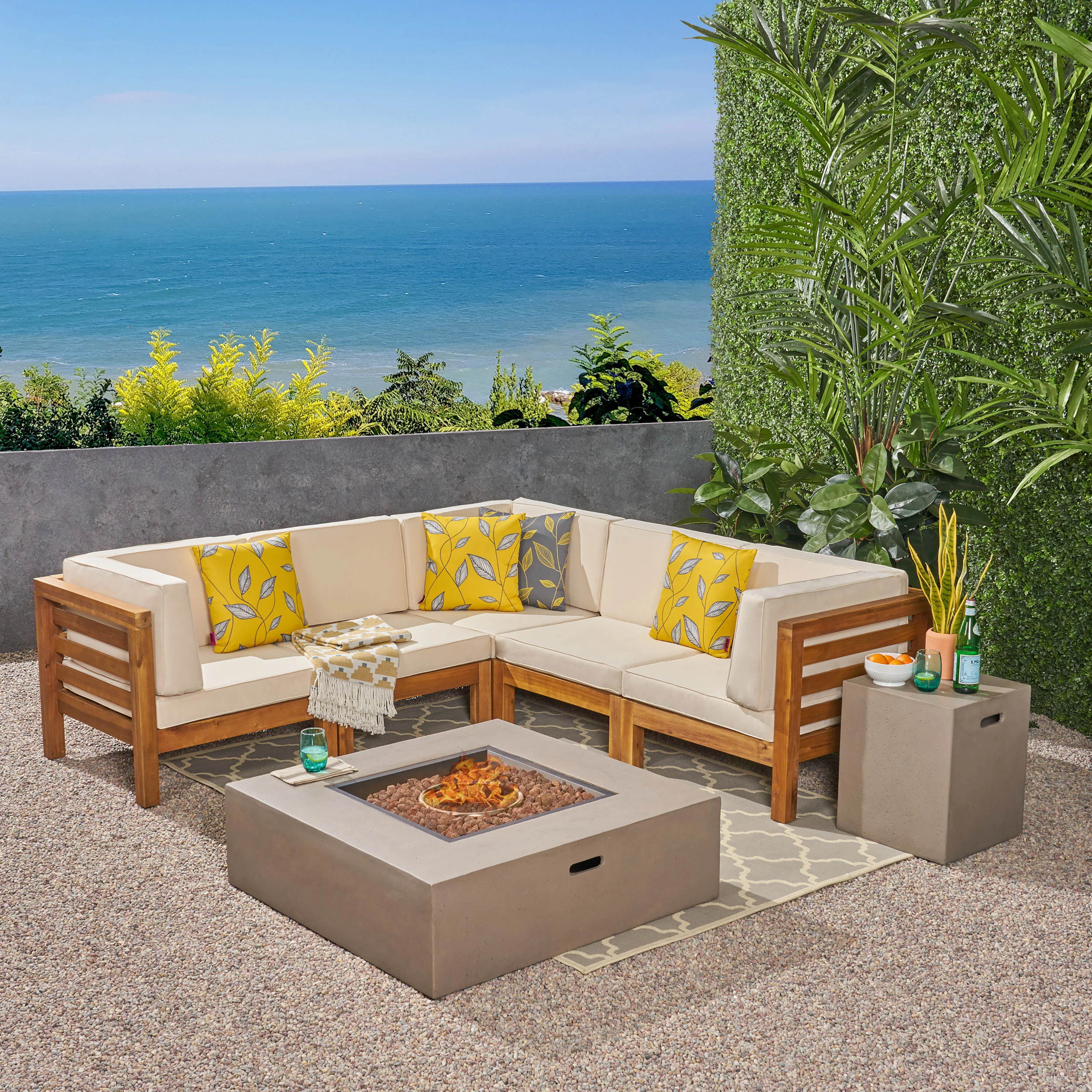 Ravello Outdoor V-Shaped Sectional Sofa Set with Fire Pit - furnishings