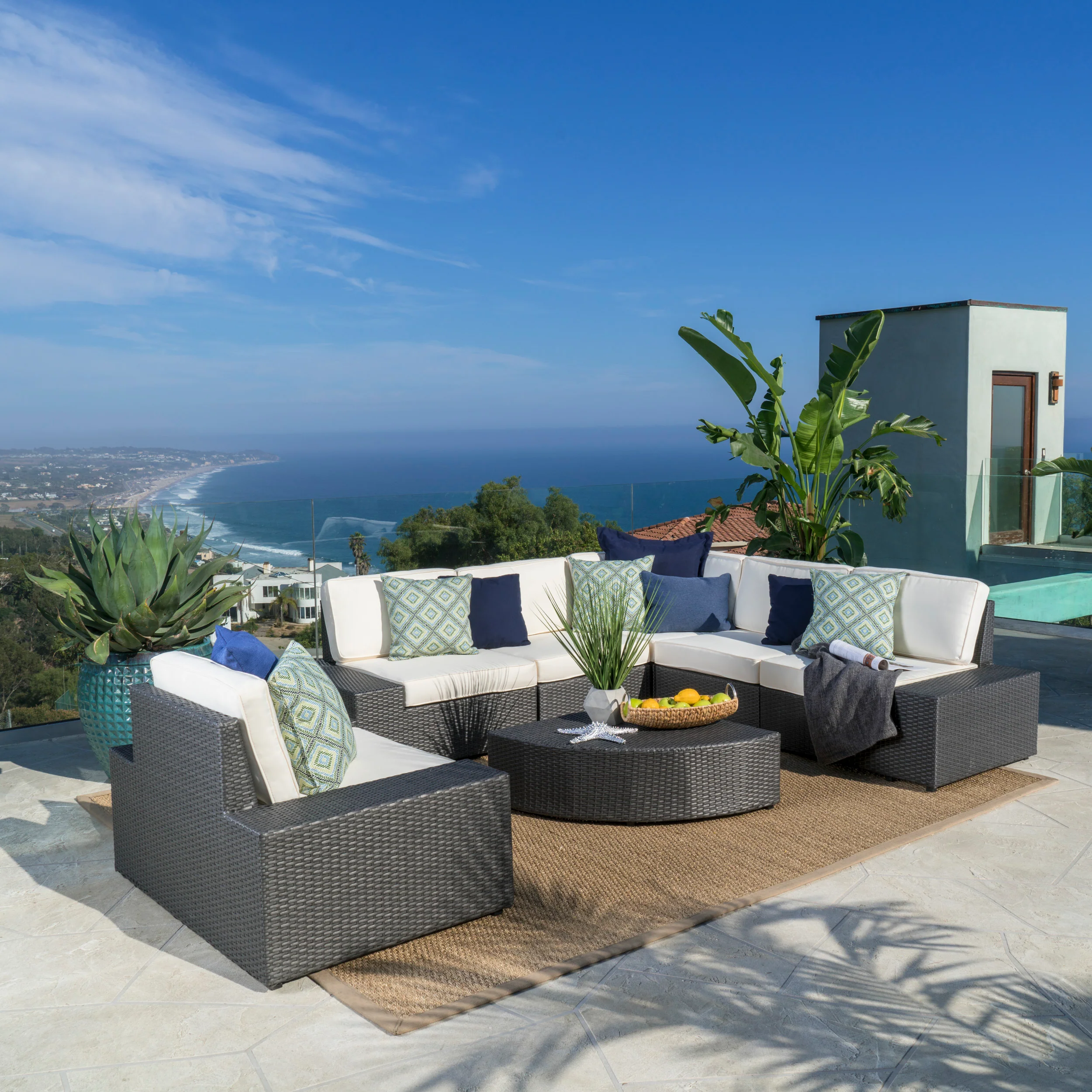 Reddington 7pc Outdoor Grey Wicker Sofa Set w/ Cushions - furnishings