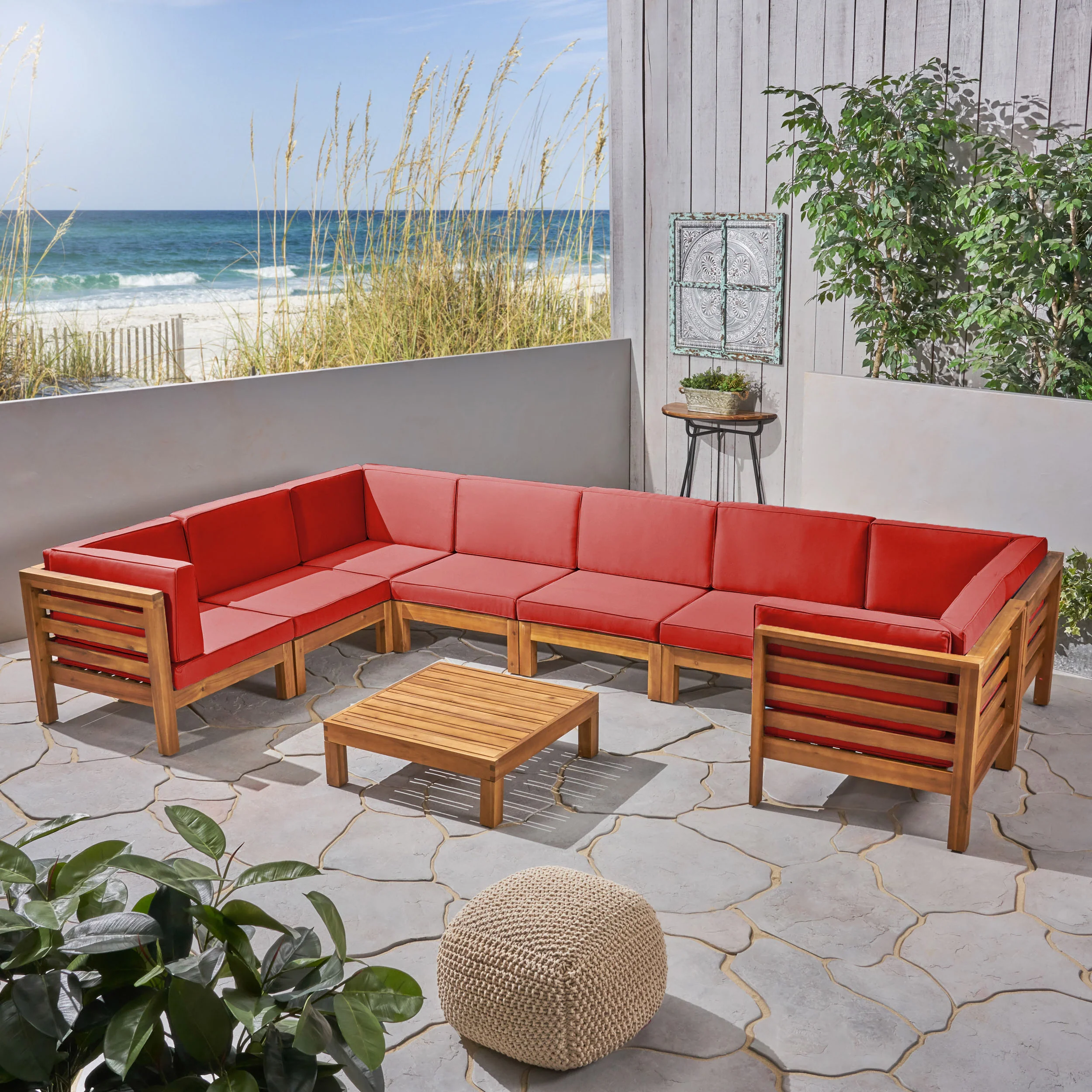 Dawson Outdoor U-Shaped Sectional Sofa Set with Coffee Table - 9-Piece 8-Seater - Acacia Wood - Outdoor Cushions - furnishings