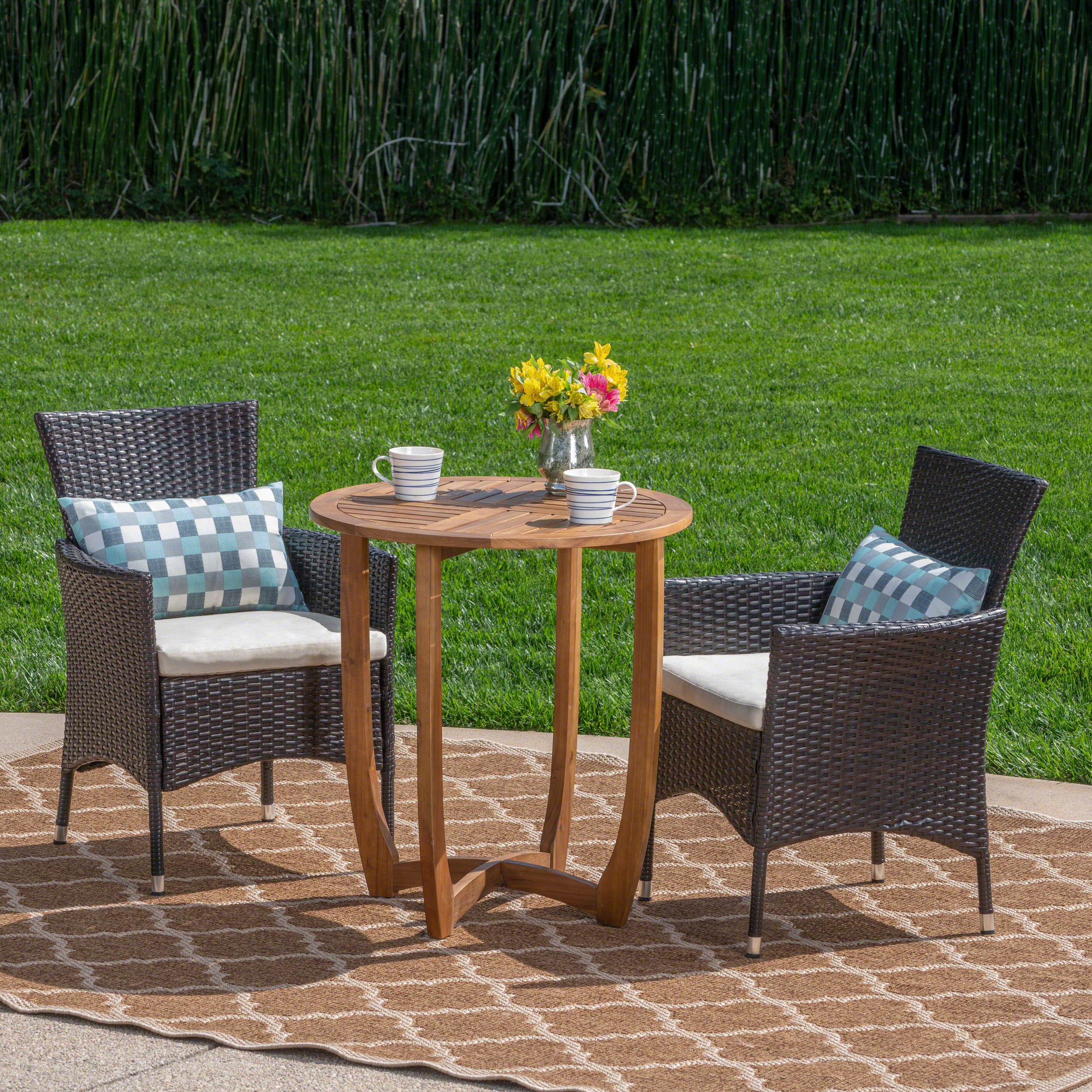William Outdoor 3 Piece Acacia Wood/ Wicker Bistro Set with Cushions, Teak Finish and Multibrown with Beige - furnishings