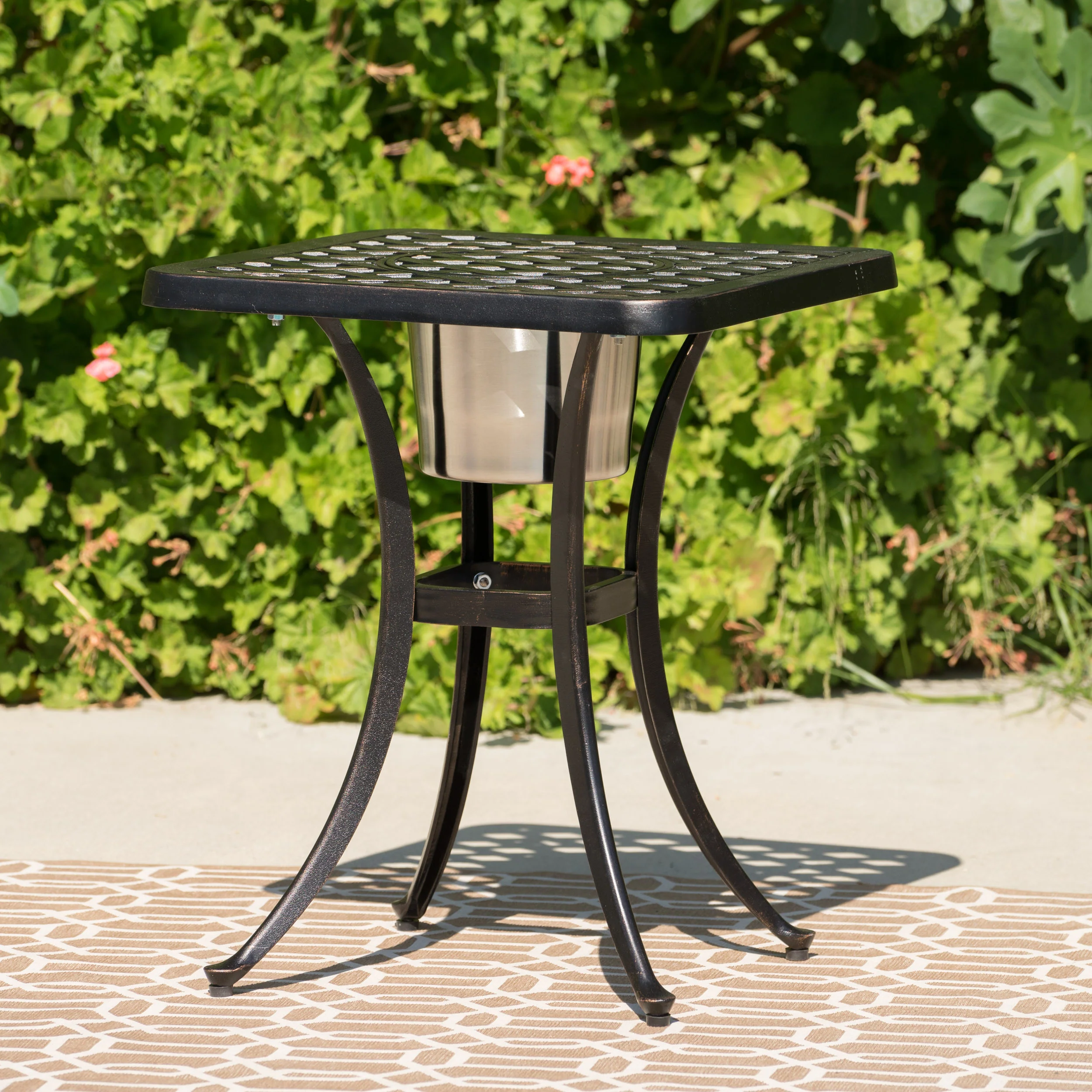 Ariel Outdoor Cast Aluminum Bistro Table with Ice Bucket, Black Copper - furnishings