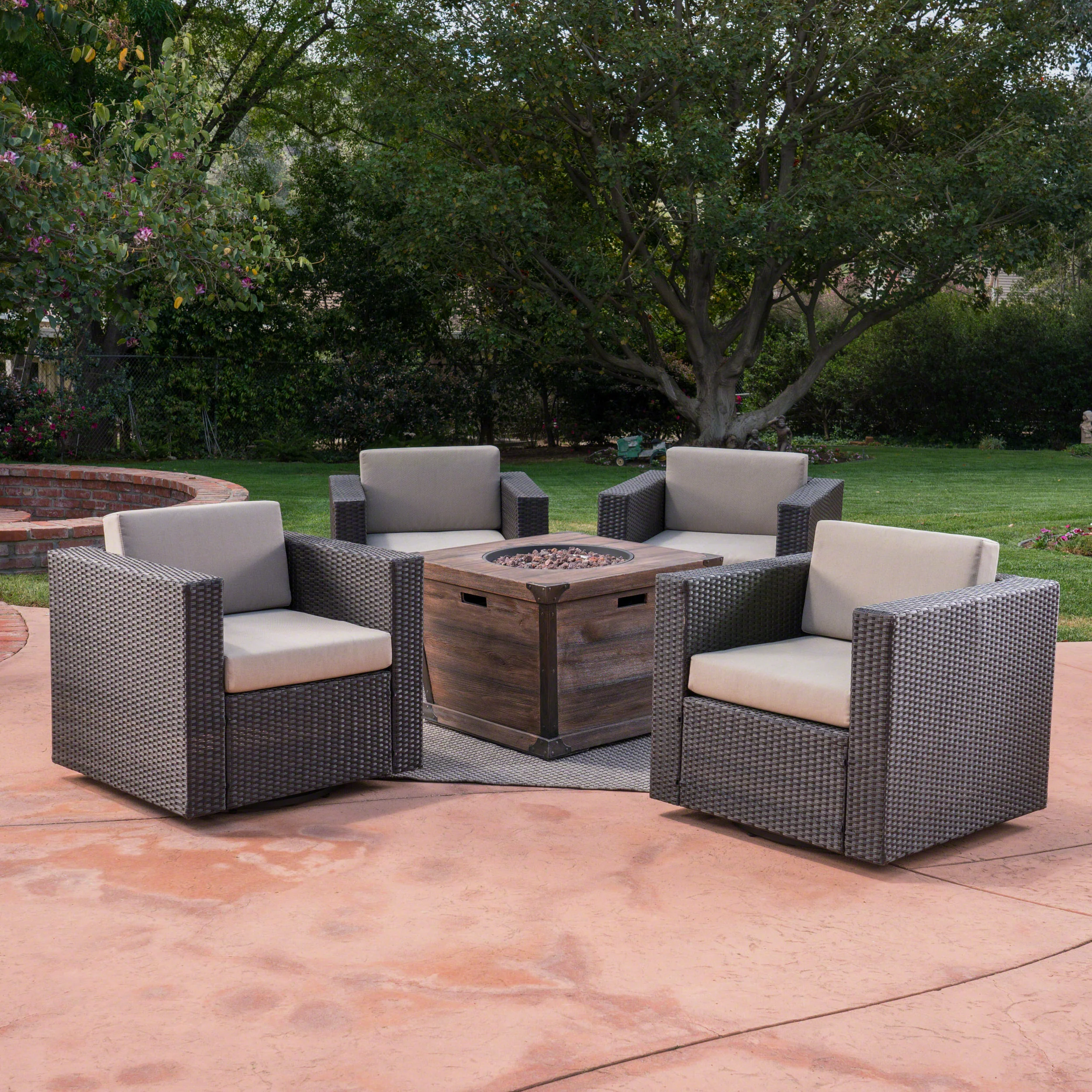 Pearson Outdoor 5 Piece Wicker Swivel Club Chair and Fire Pit Set, Dark Brown with Beige and Brown - furnishings