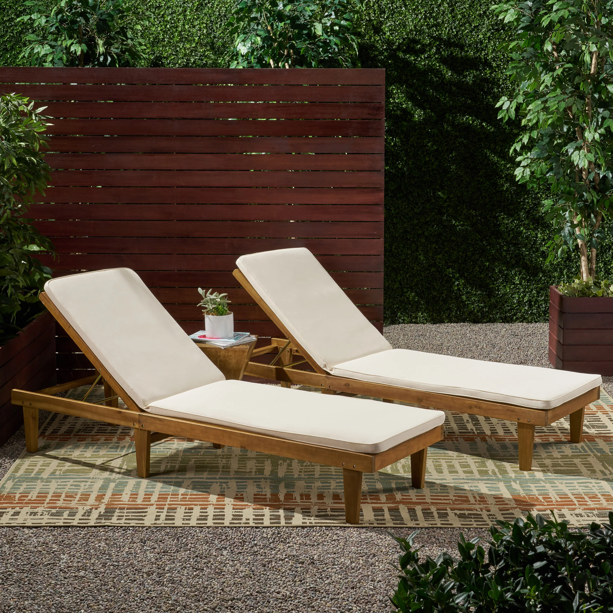 Nadine Outdoor Modern Acacia Wood Chaise Lounge with Cushion (Set of 2) - furnishings