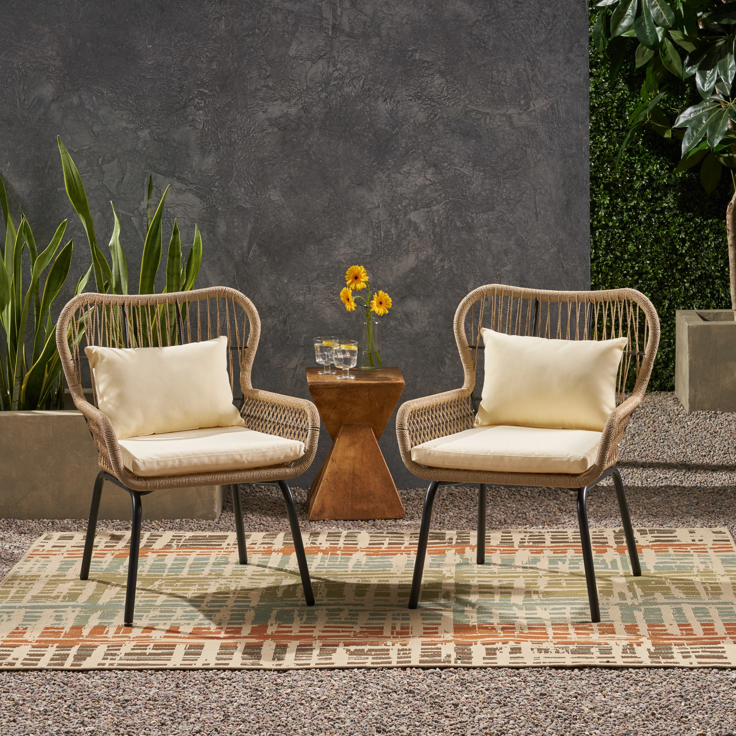 Karen Outdoor Club Chairs, Steel and Rope, Water-Resistant Cushions, Boho - furnishings