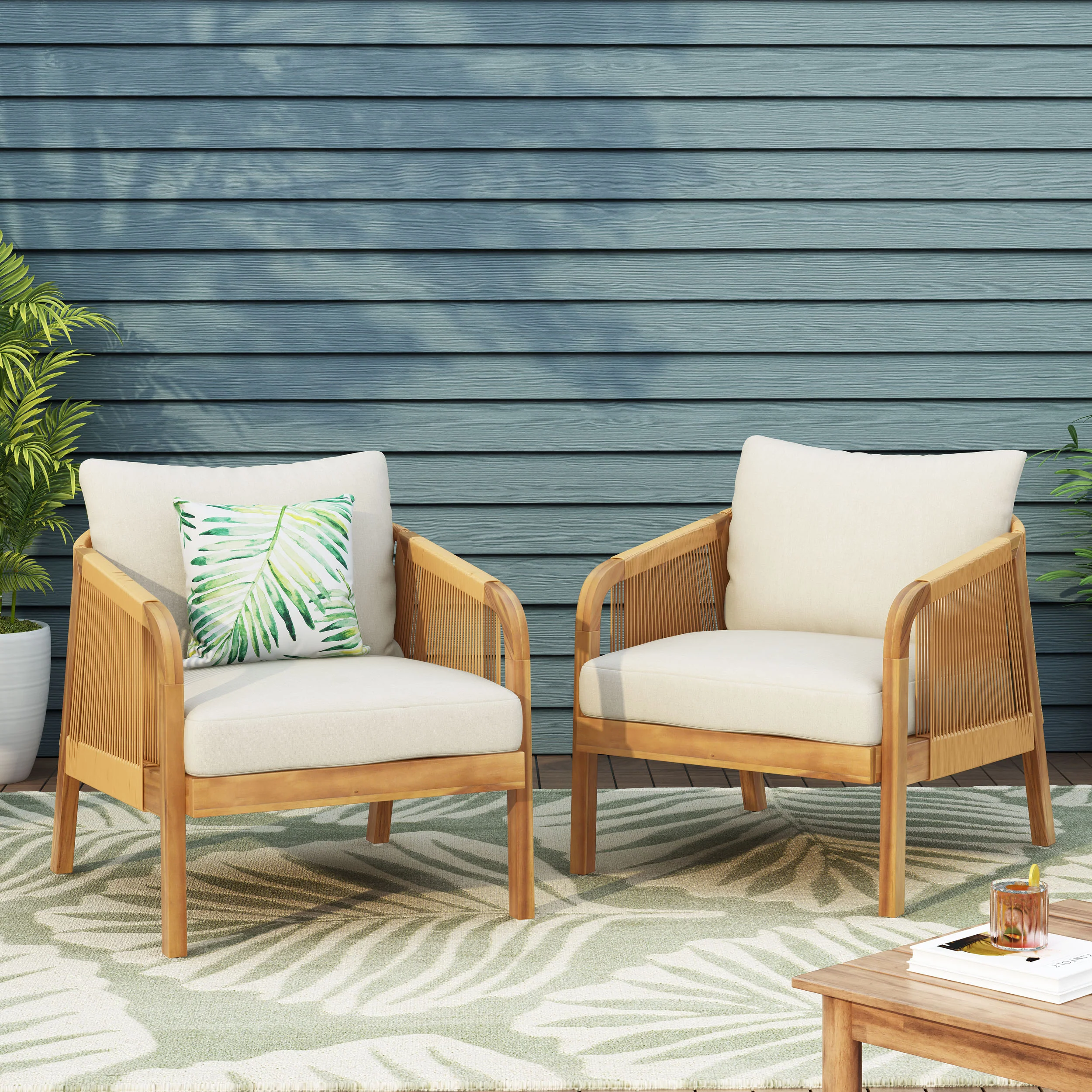 Allerton Outdoor Acacia Wood and Wicker Club Chairs with Cushions, Set of 2, Teak, Light Brown, and Beige - furnishings