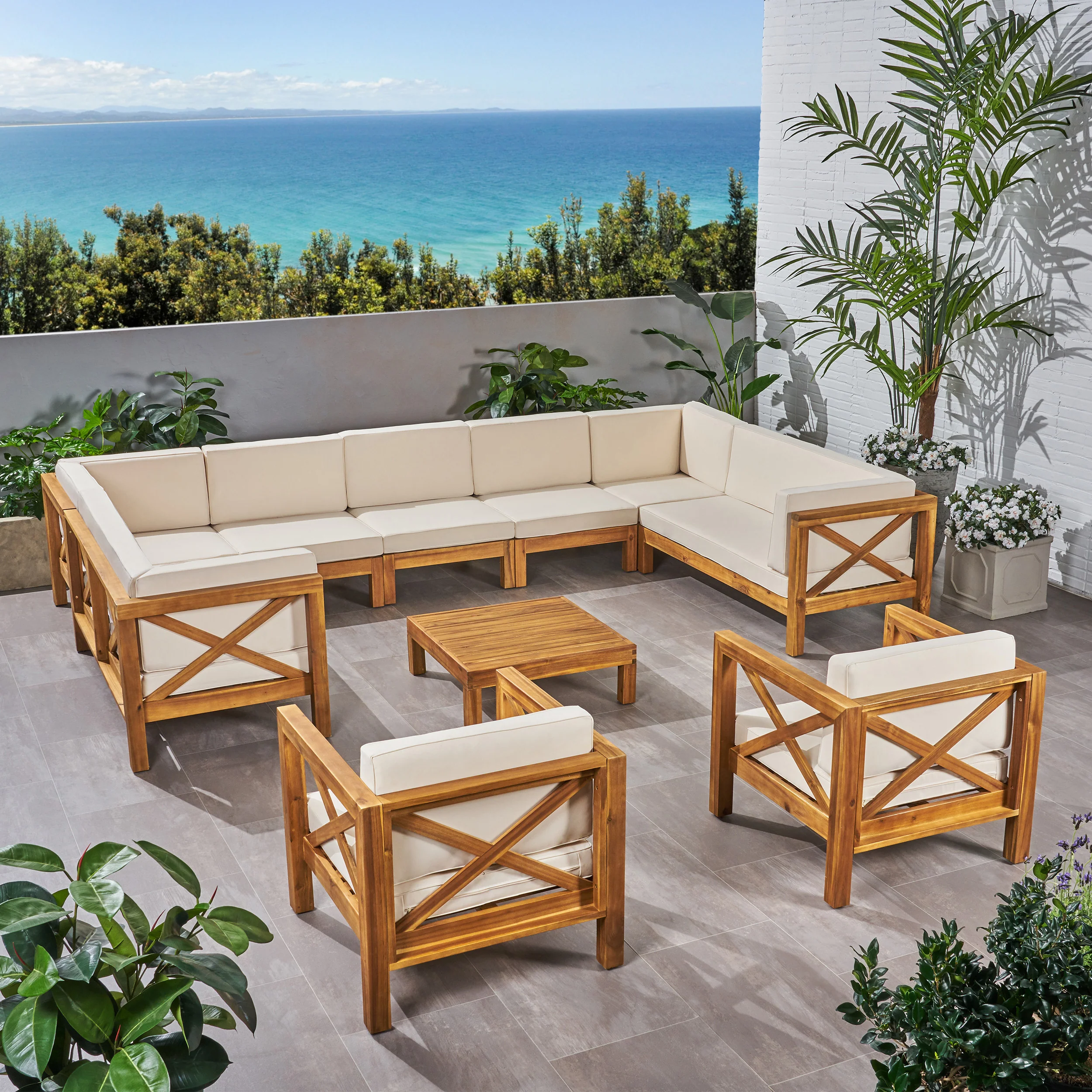 Isabella Outdoor 11 Seater Acacia Wood Sectional Sofa and Club Chair Set - furnishings