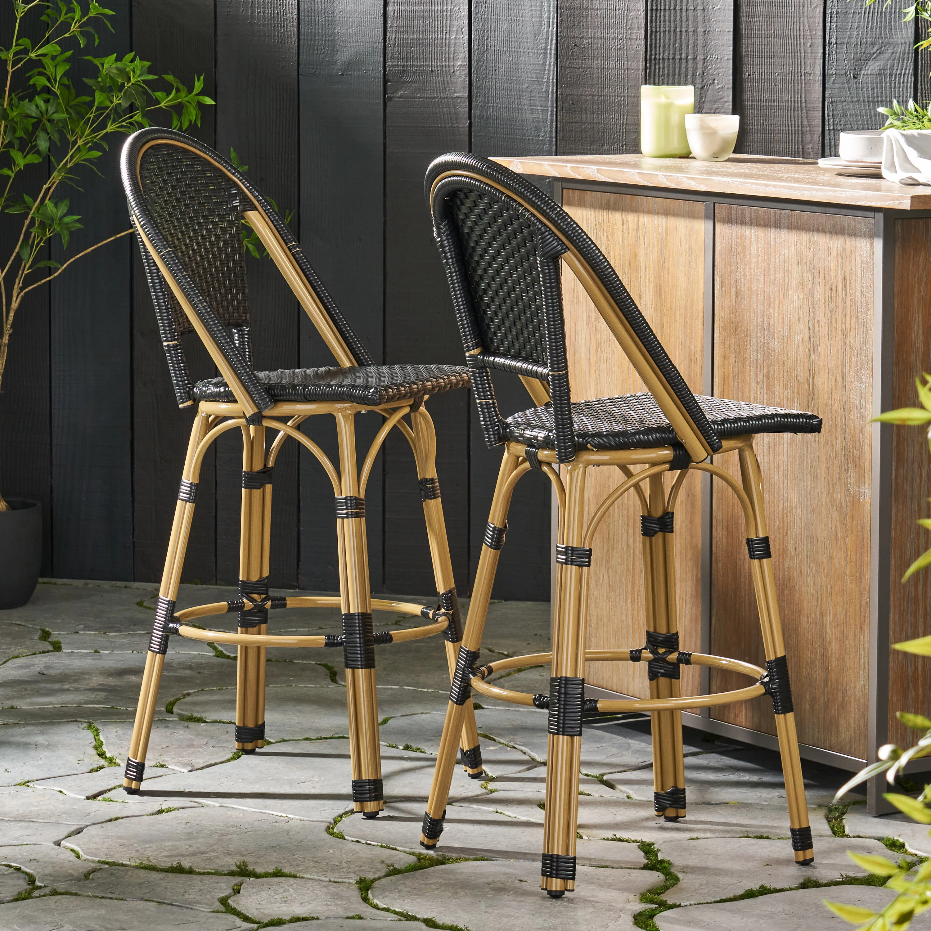 Cotterell Outdoor French Wicker and Aluminum 29.5 Inch Barstools, Set of 2 - furnishings