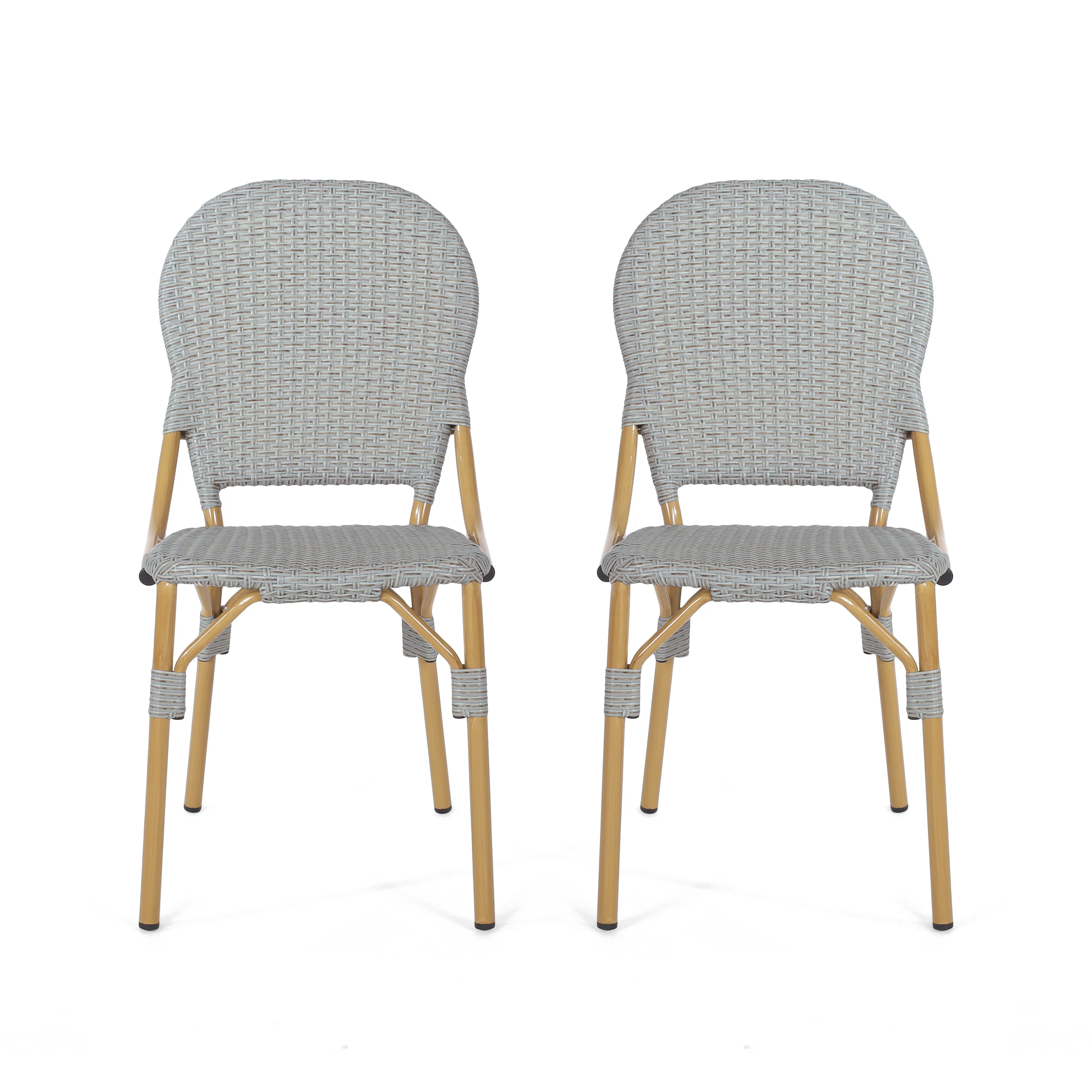 Gallia Outdoor Aluminum French Bistro Chairs, Set of 2, Grey and Bamboo Finish - furnishings