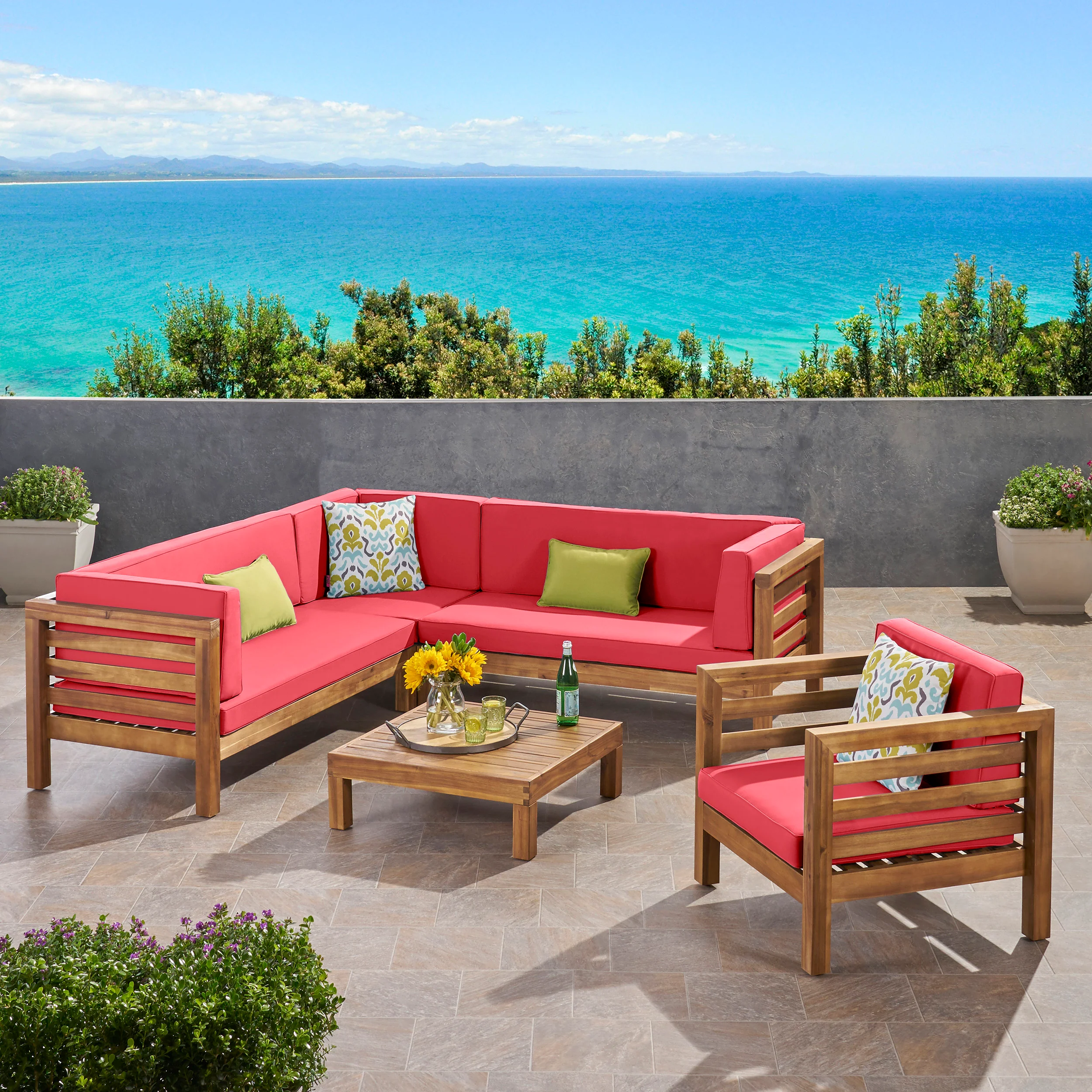 Emma Outdoor 6 Seater Acacia Wood Sectional Sofa and Club Chair Set - furnishings