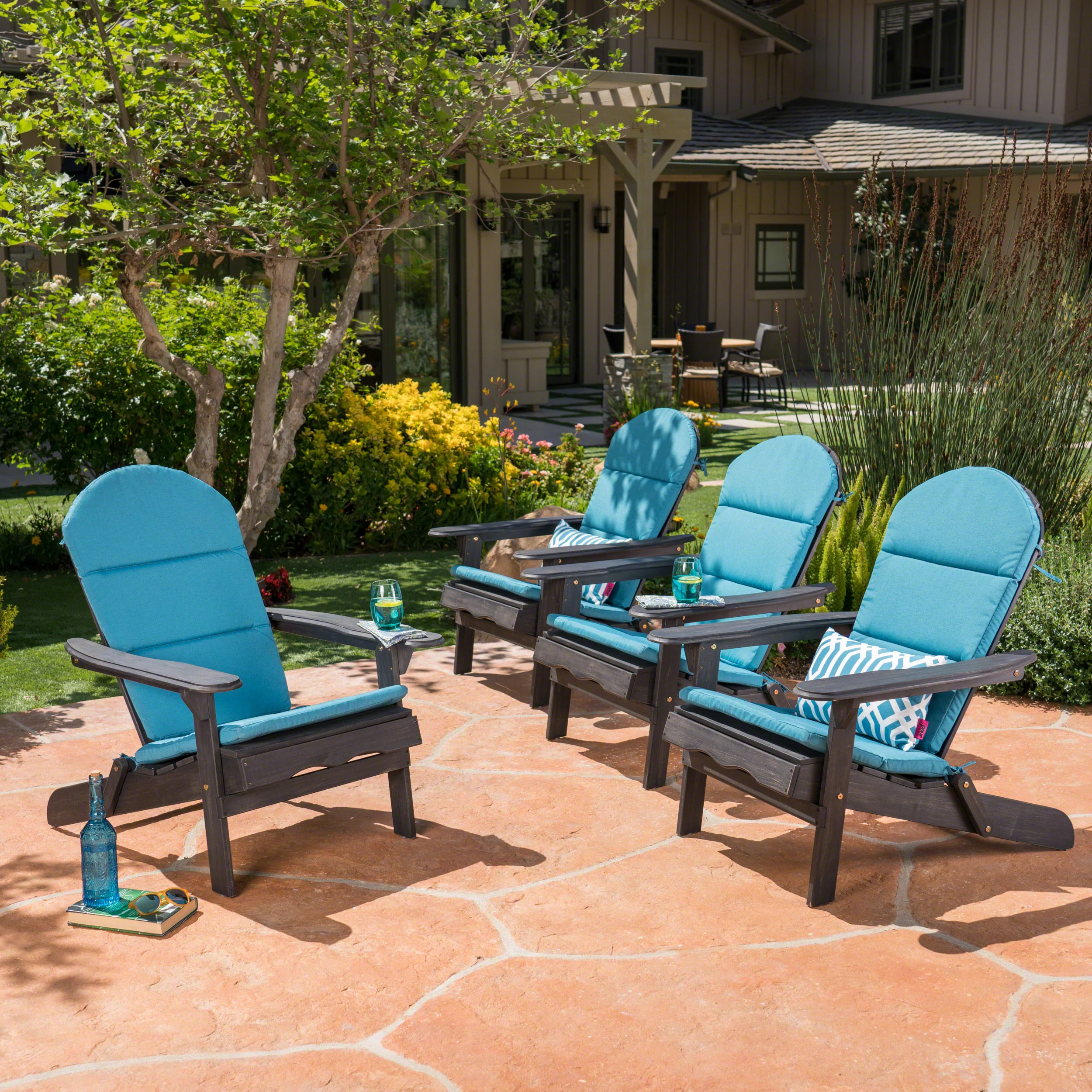 Nelie Outdoor Acacia Wood Folding Adirondack Chairs with Cushions - furnishings