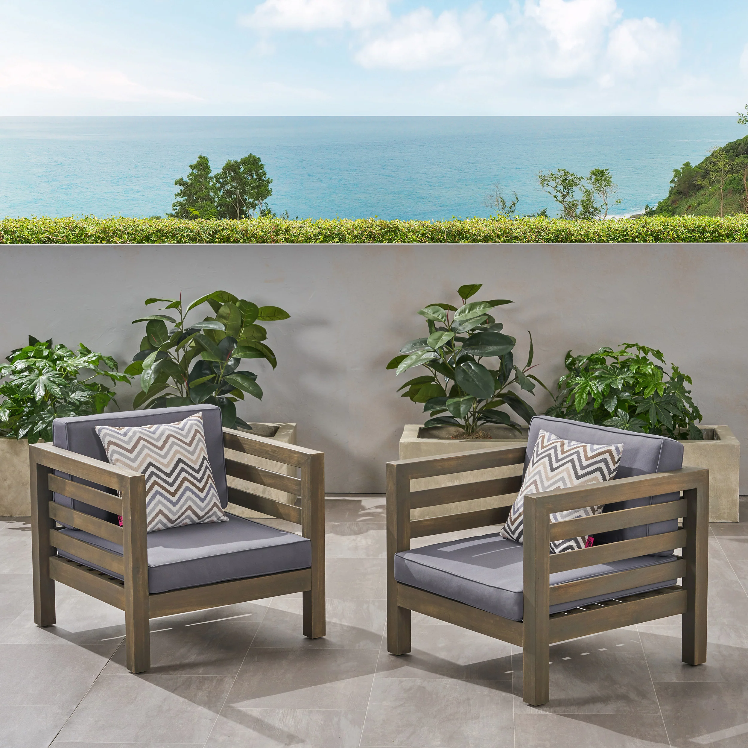 Louise Outdoor Acacia Wood Club Chairs with Cushions (Set of 2) - furnishings