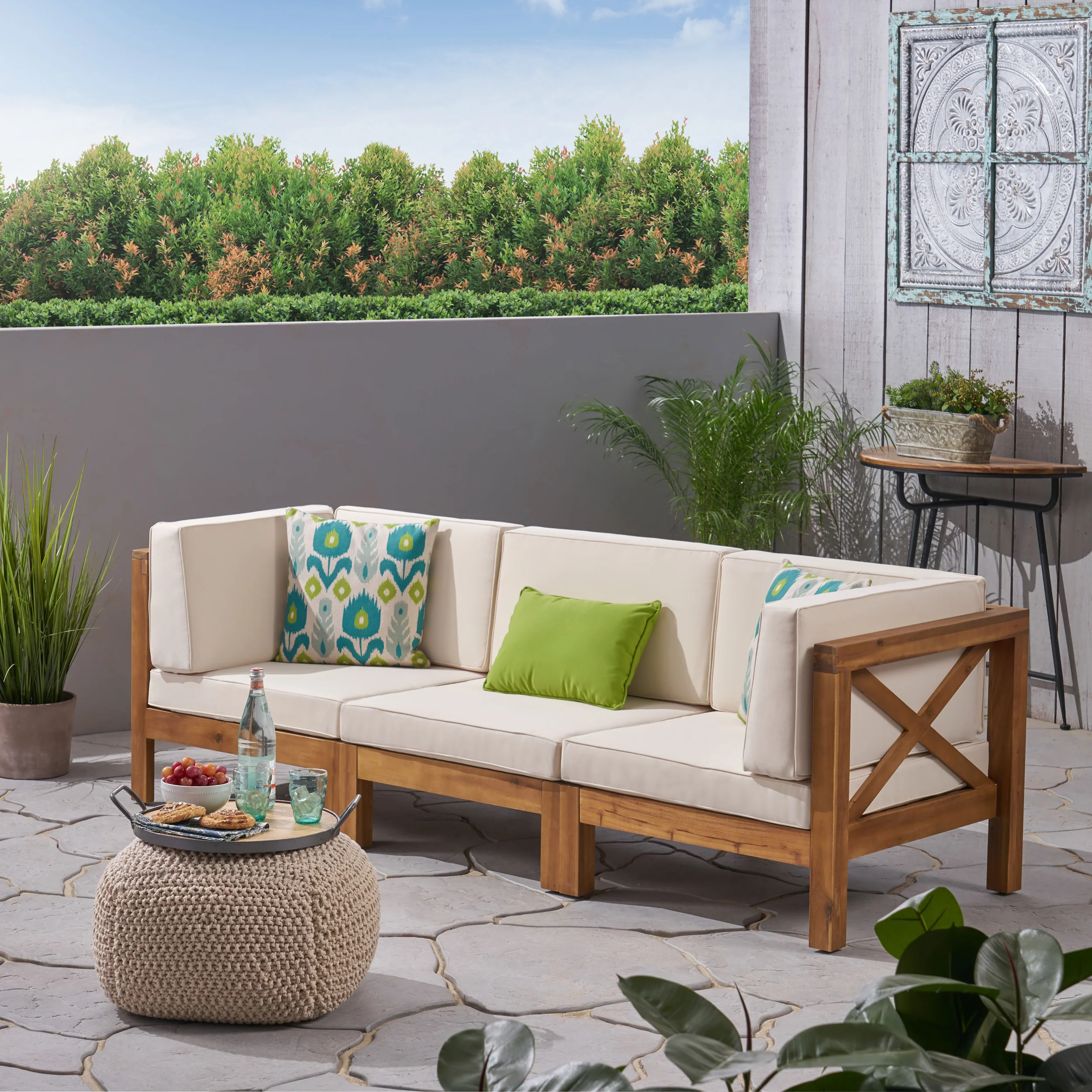 Brava Outdoor Modular Acacia Wood Sofa with Cushions - furnishings