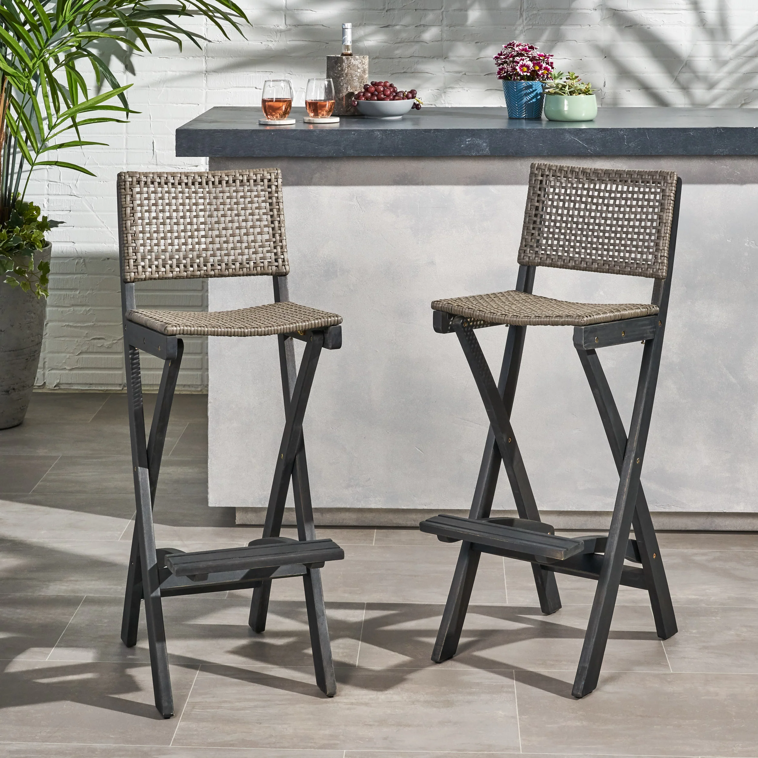Teresa Outdoor Folding Acacia Wood Barstools (Set of 2) - furnishings