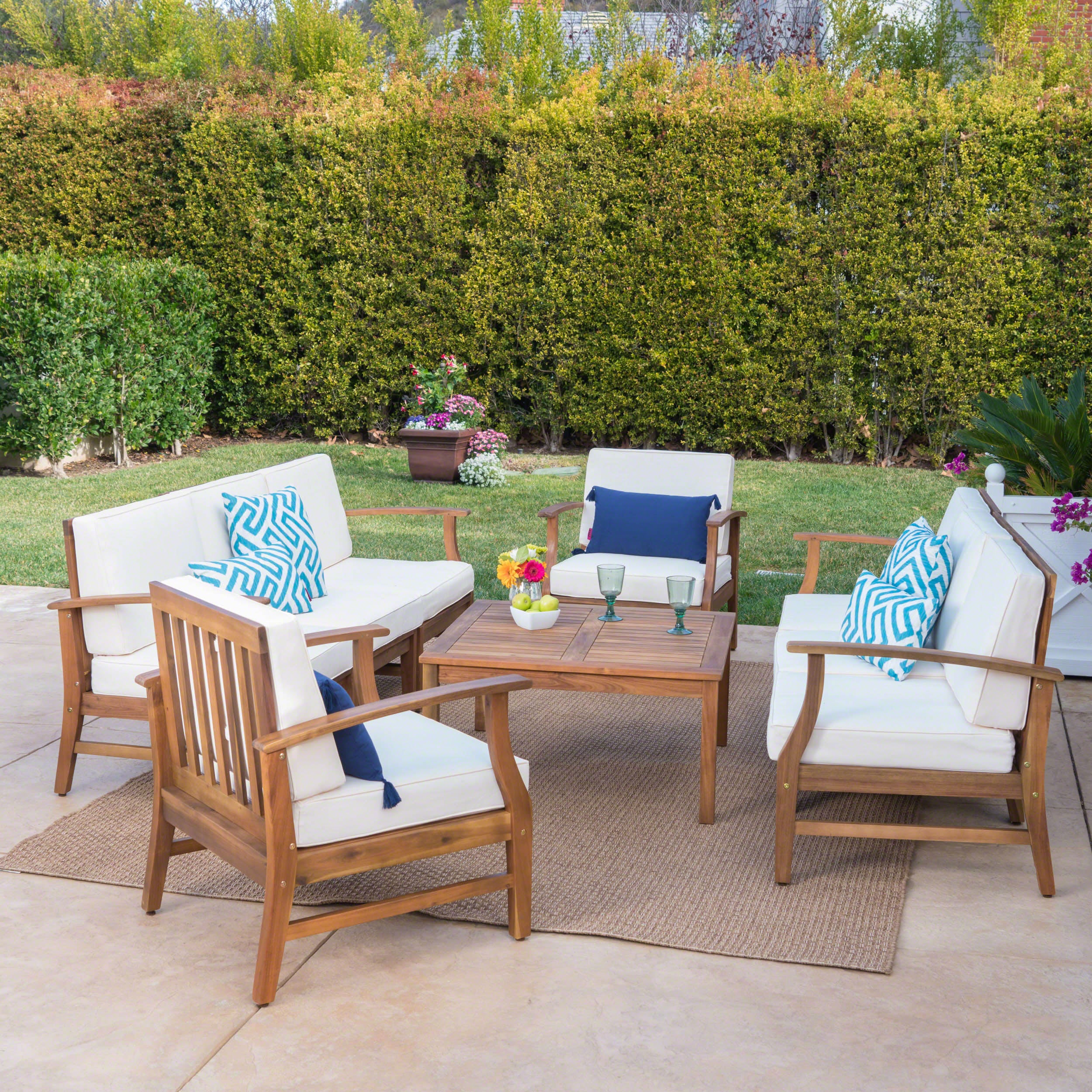 Scarlett Outdoor 8 Seat Teak Finished Acacia Wood Sofa and Table Set - furnishings