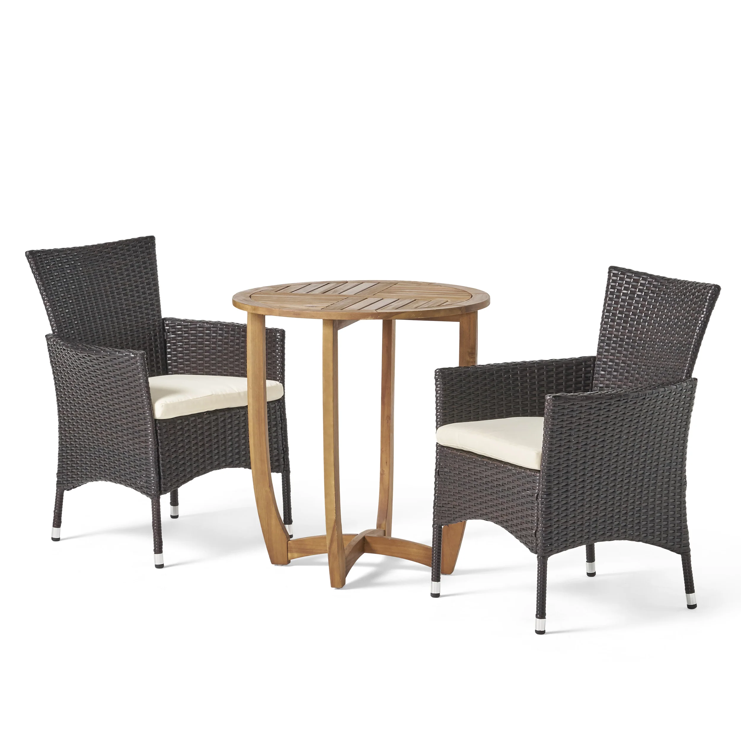 William Outdoor 3 Piece Acacia Wood/ Wicker Bistro Set with Cushions, Teak Finish and Multibrown with Beige - furnishings
