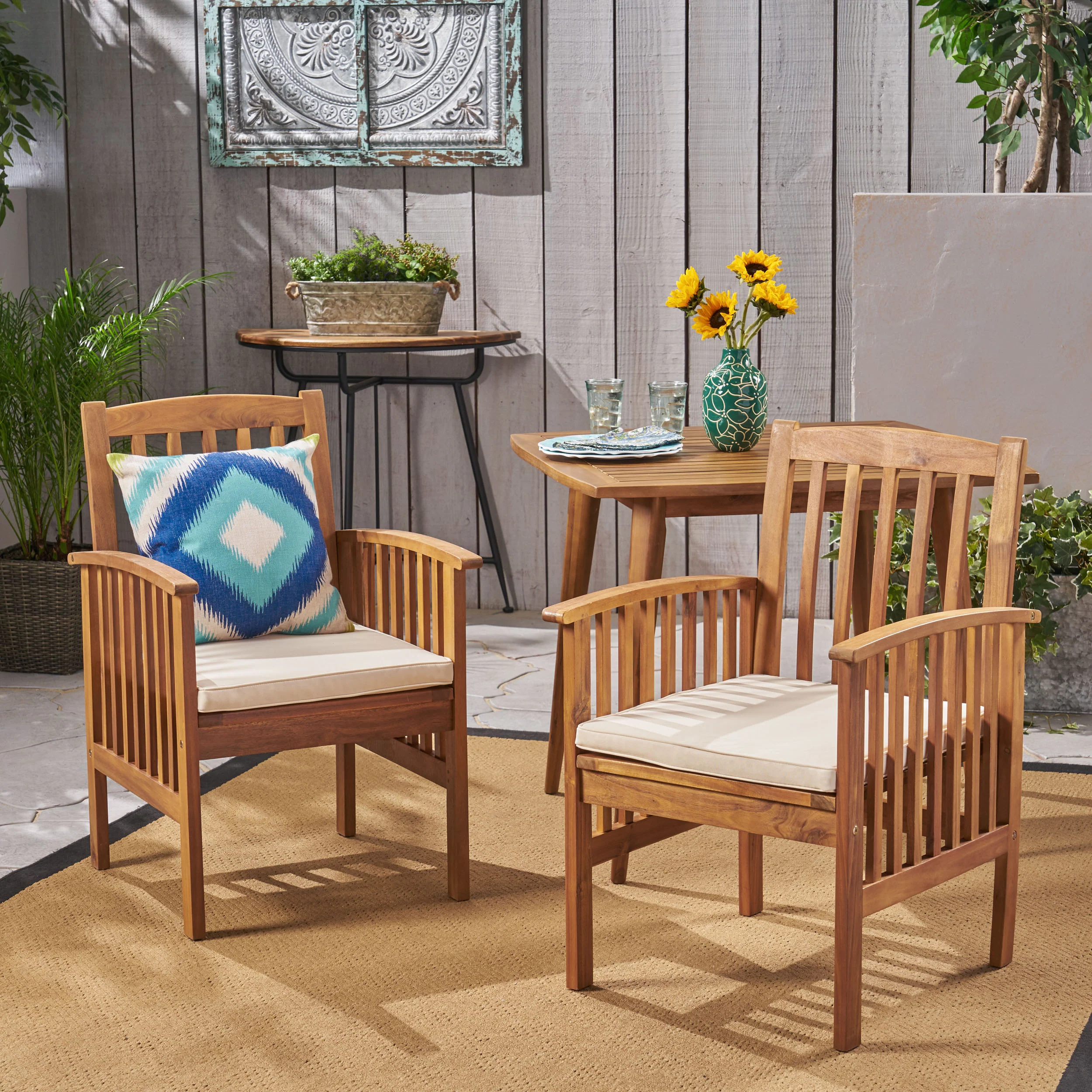 Phoenix Acacia Patio Dining Chairs, Acacia Wood with Outdoor Cushions, (Set of 2) - furnishings
