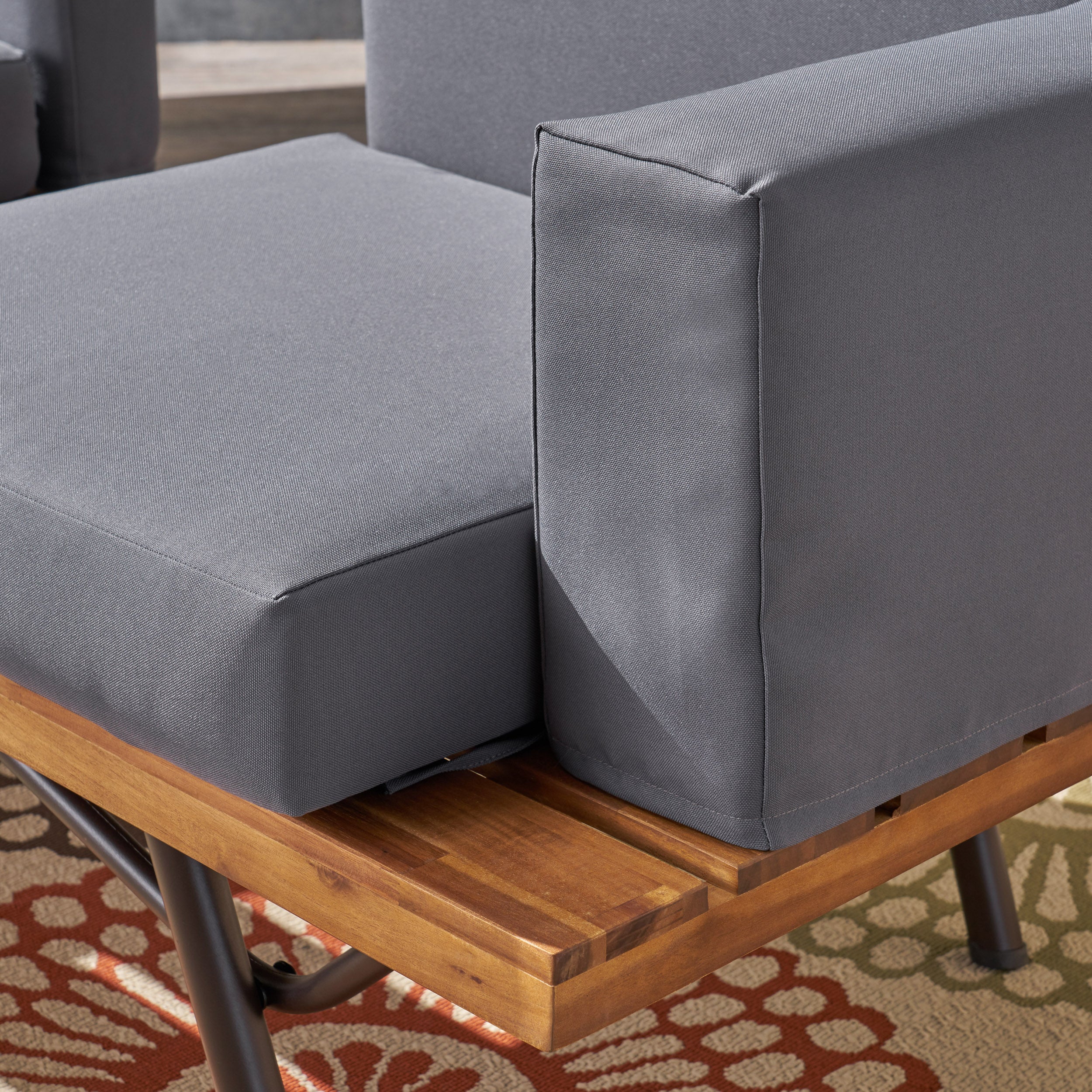 Nora Outdoor Acacia Wood Chat Set, Teak Finish and Dark Gray - furnishings