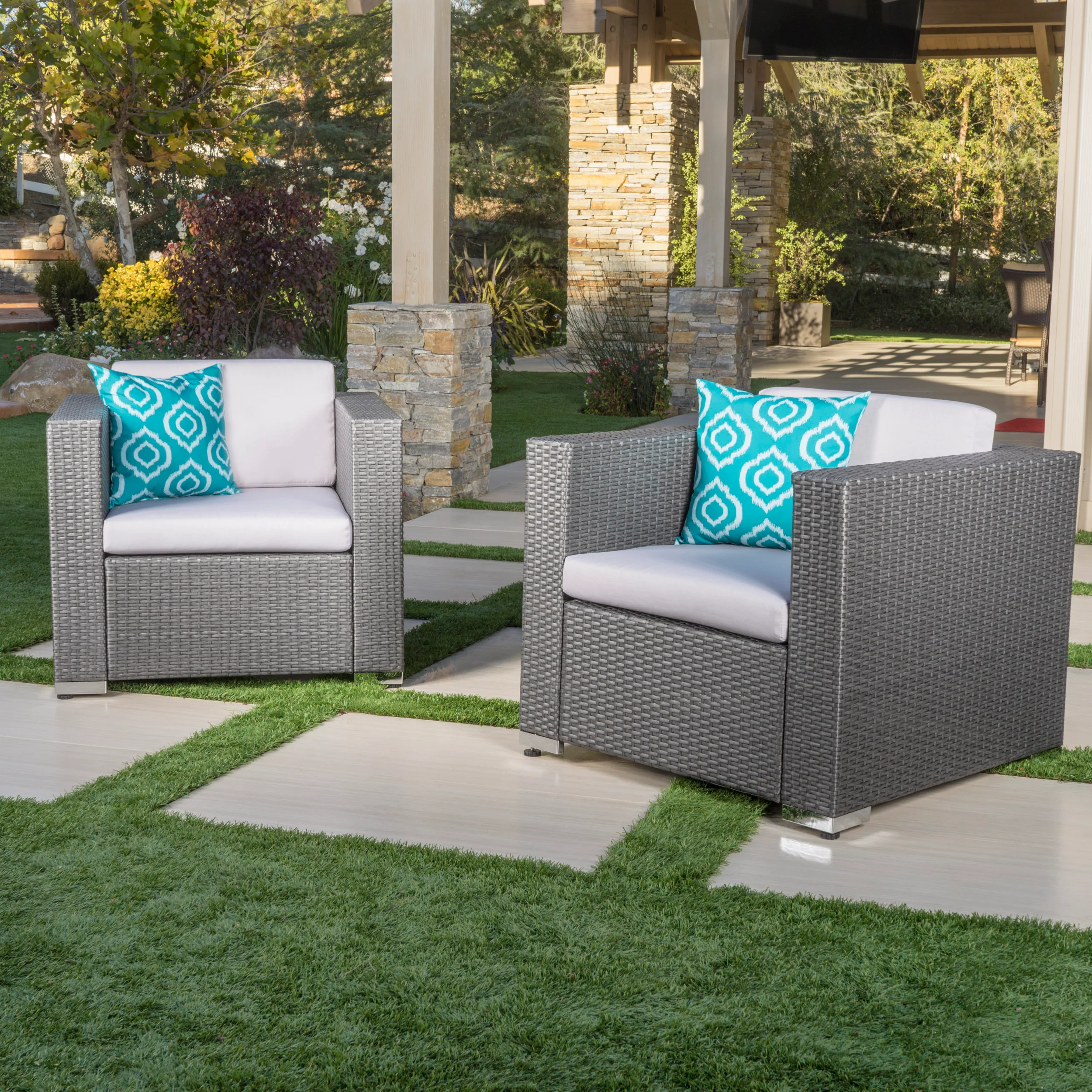 Verin Outdoor Grey Wicker Club Chair with Silver Water Resistant Fabric Cushions (Set of 2) - furnishings