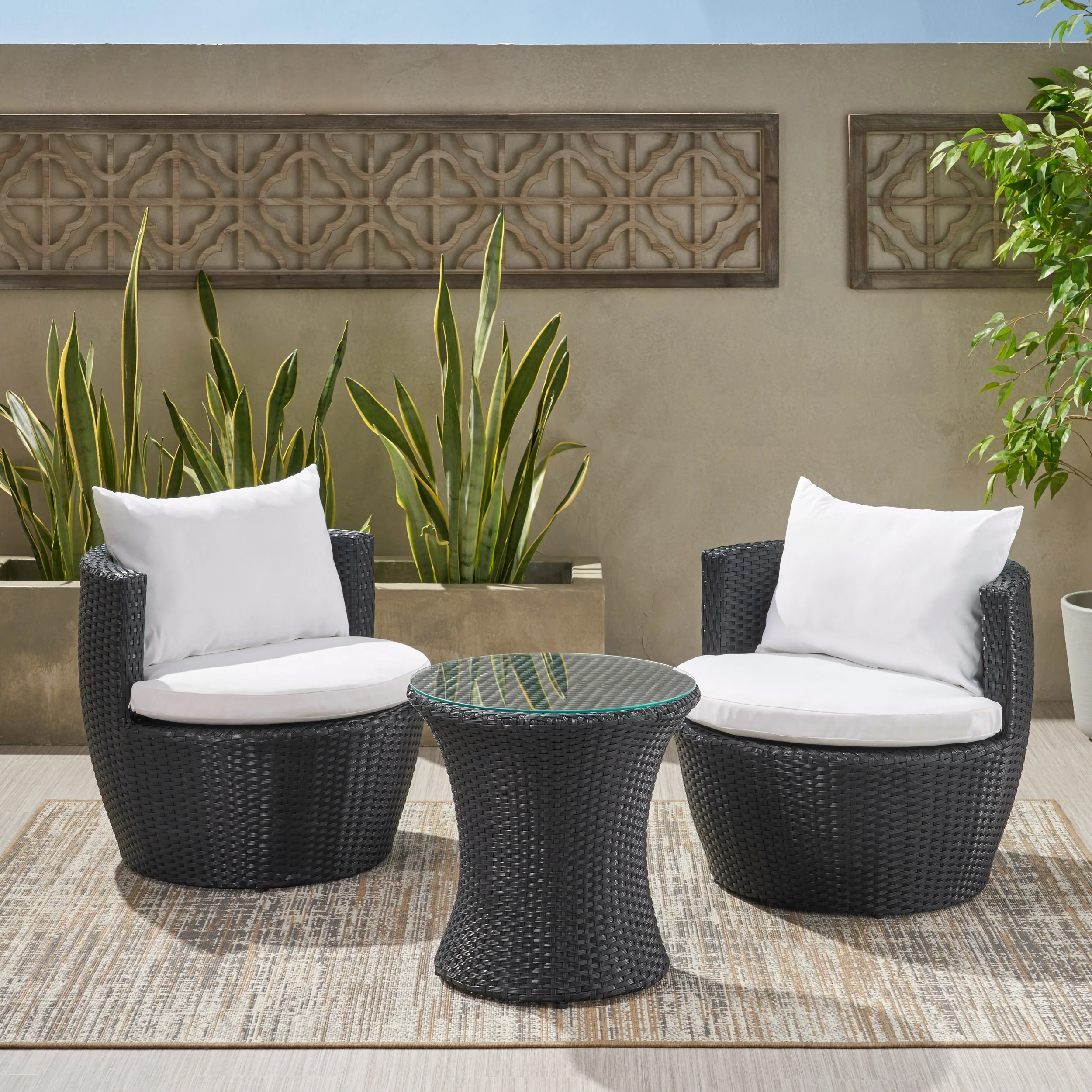 Pattaya 3pc Outdoor Black Wicker Chat Set - furnishings