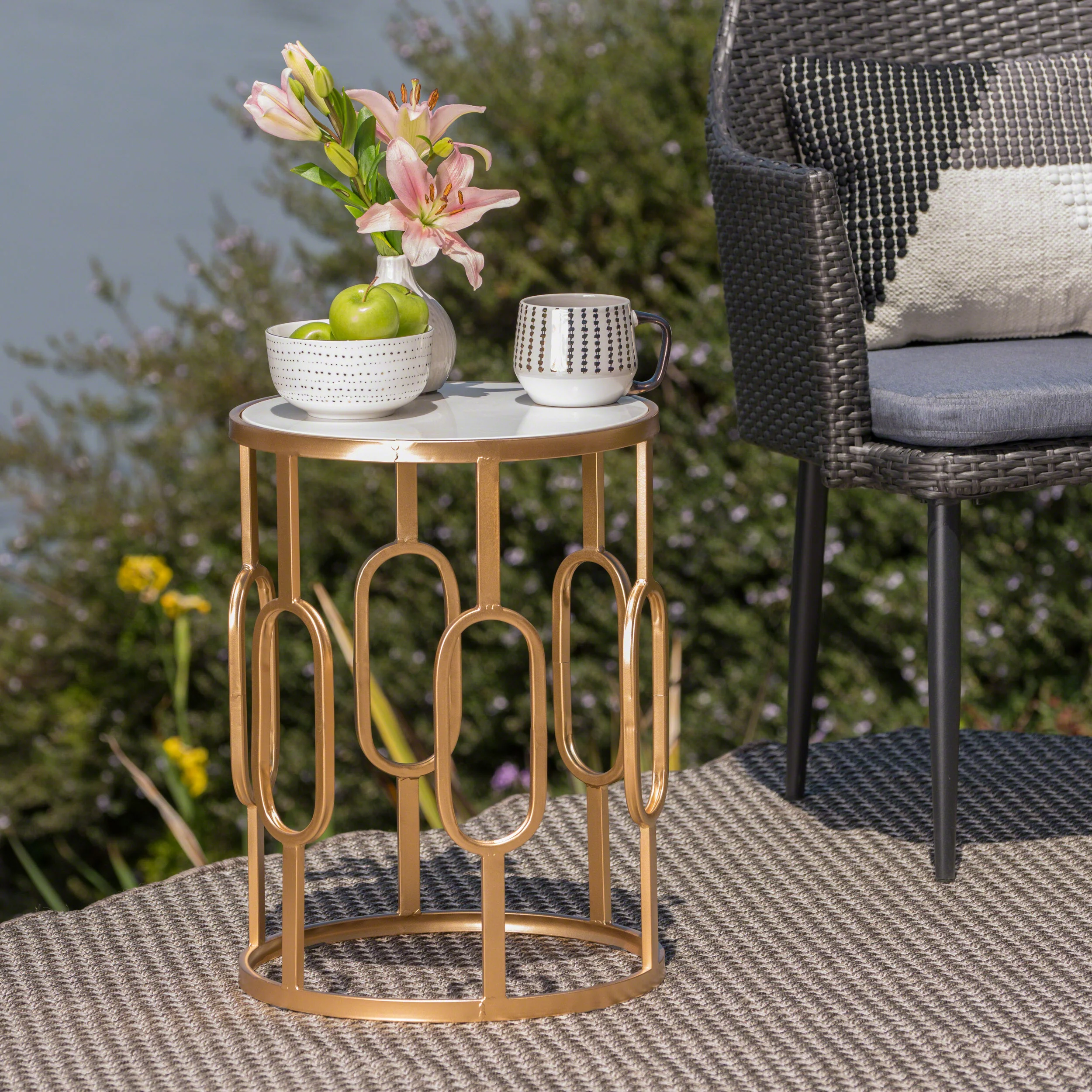 Madison Indoor/Outdoor Glam Faux Stone Side Table, White and Gold - furnishings