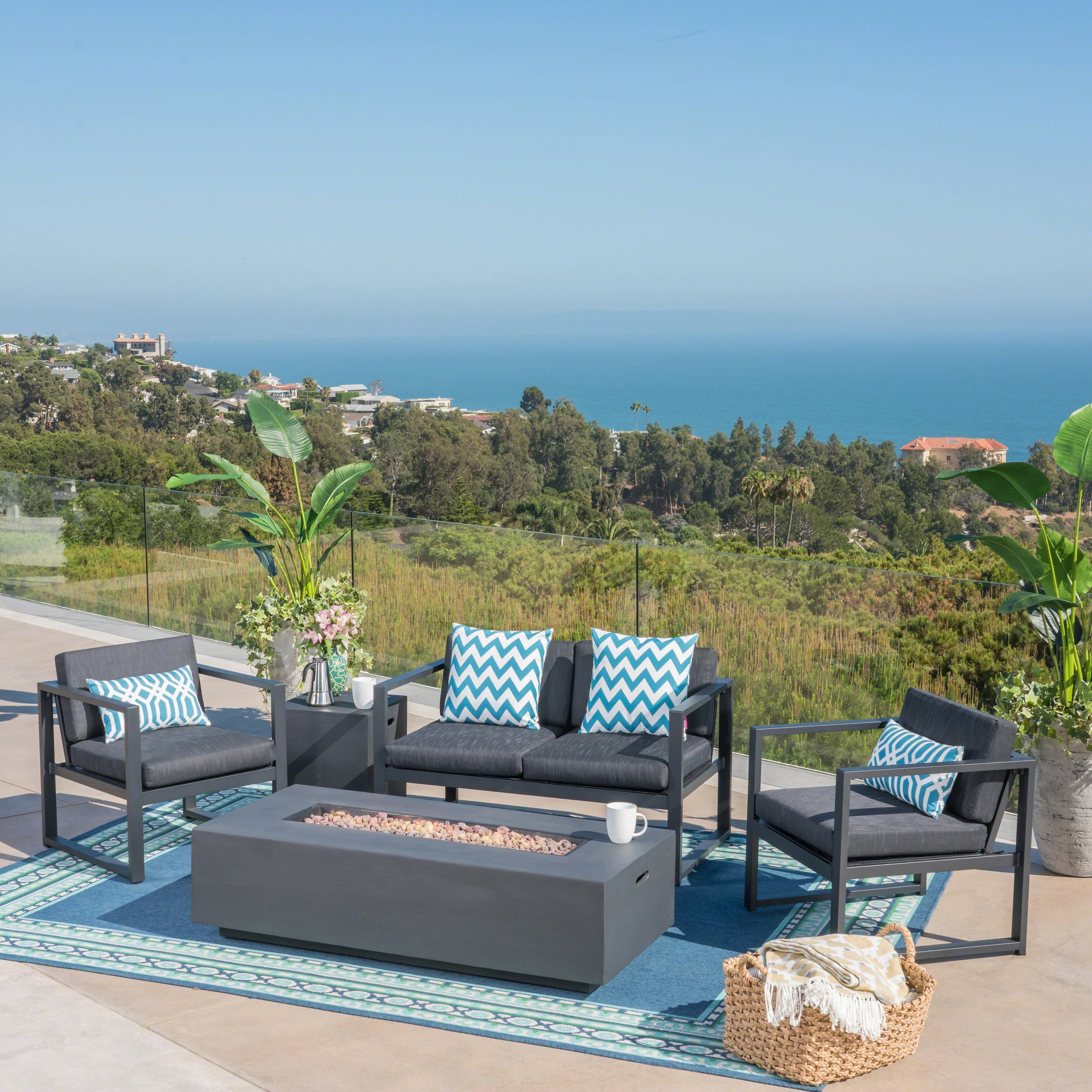 Nealie Outdoor 4-Seater Aluminum Chat Set with Fire Pit and Tank Holder - furnishings