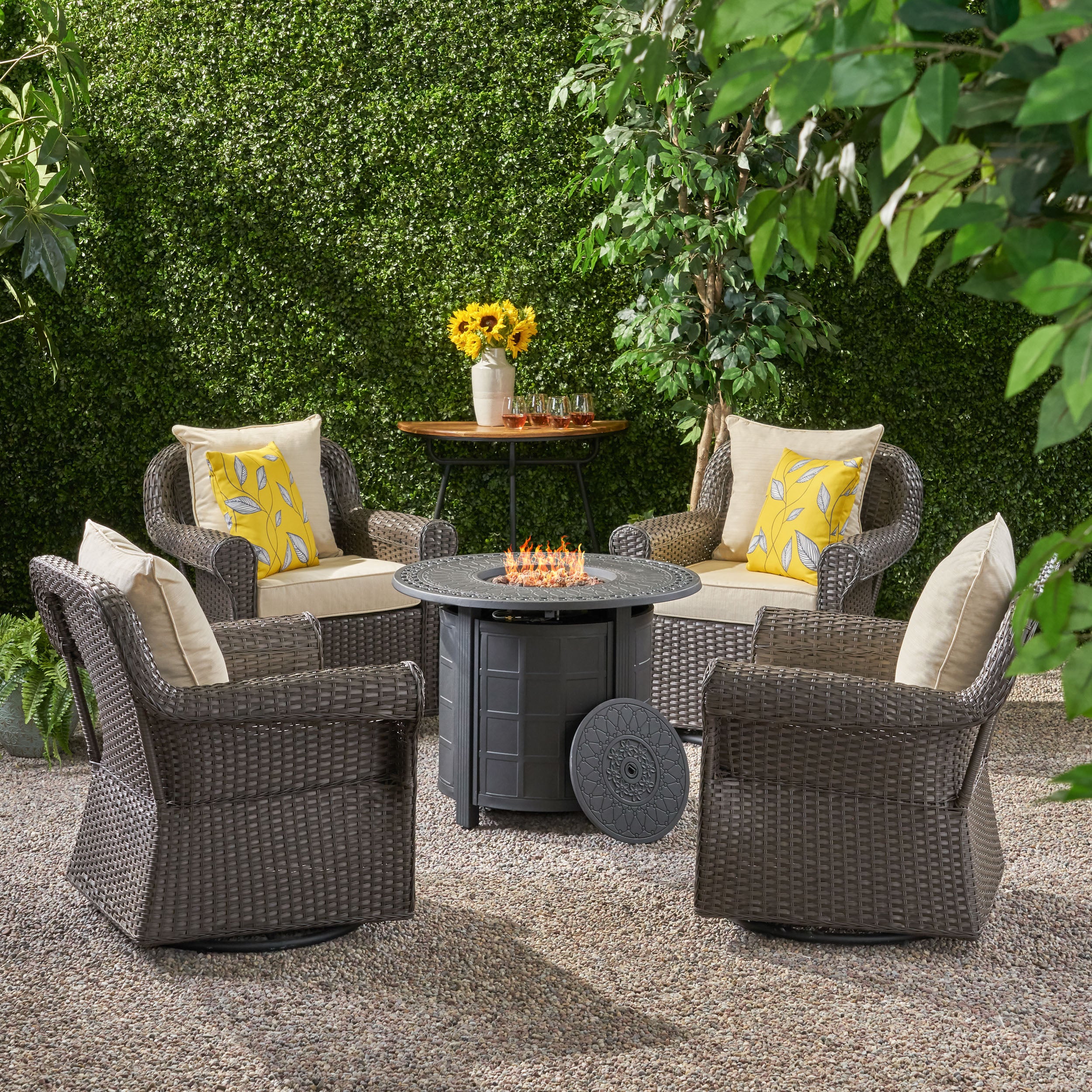 Admiral Outdoor 4 Seater Wicker Swivel Chair and Fire Pit Set - furnishings