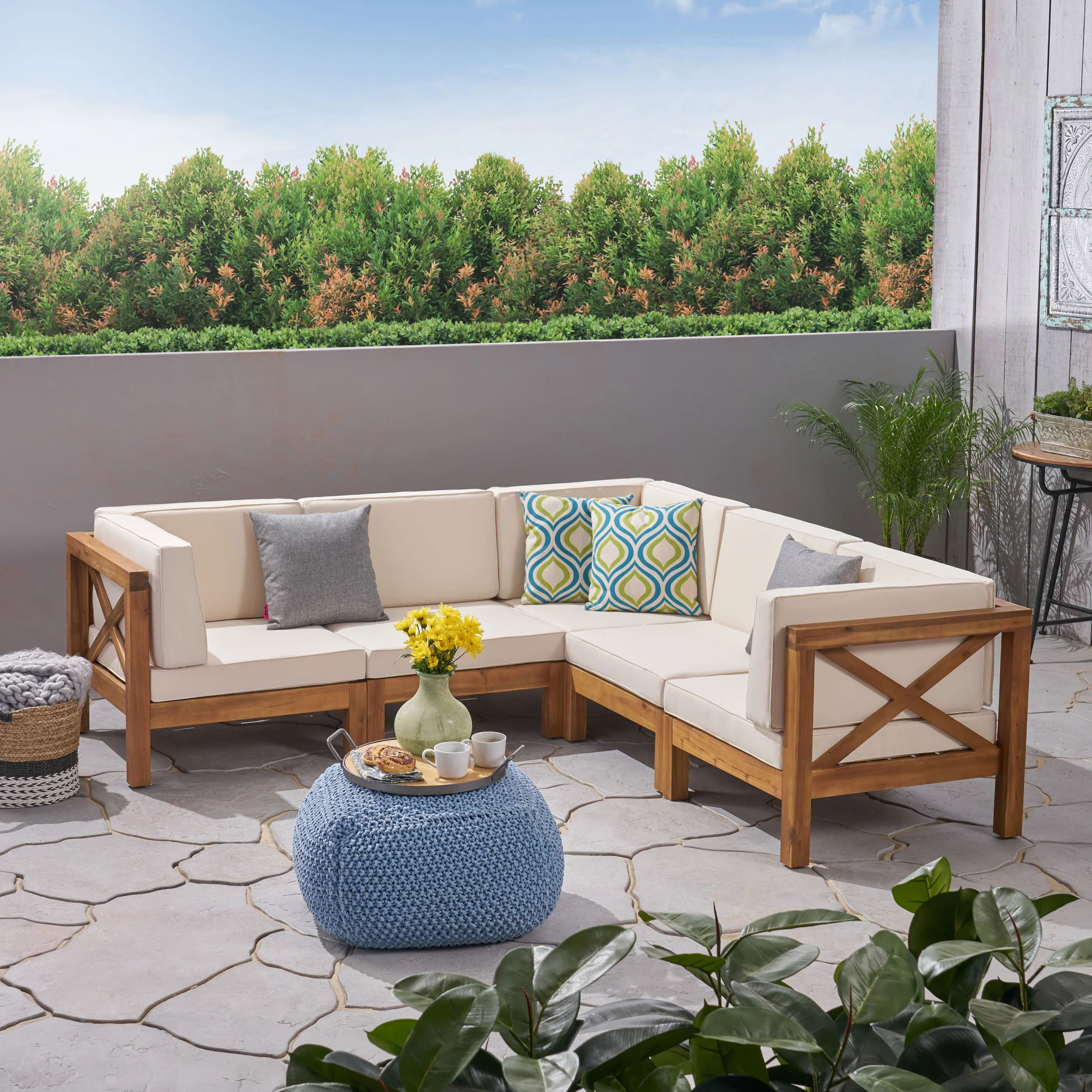 Brava Outdoor Acacia Wood 5 Seater Sectional Sofa Set with Water-Resistant Cushions - furnishings