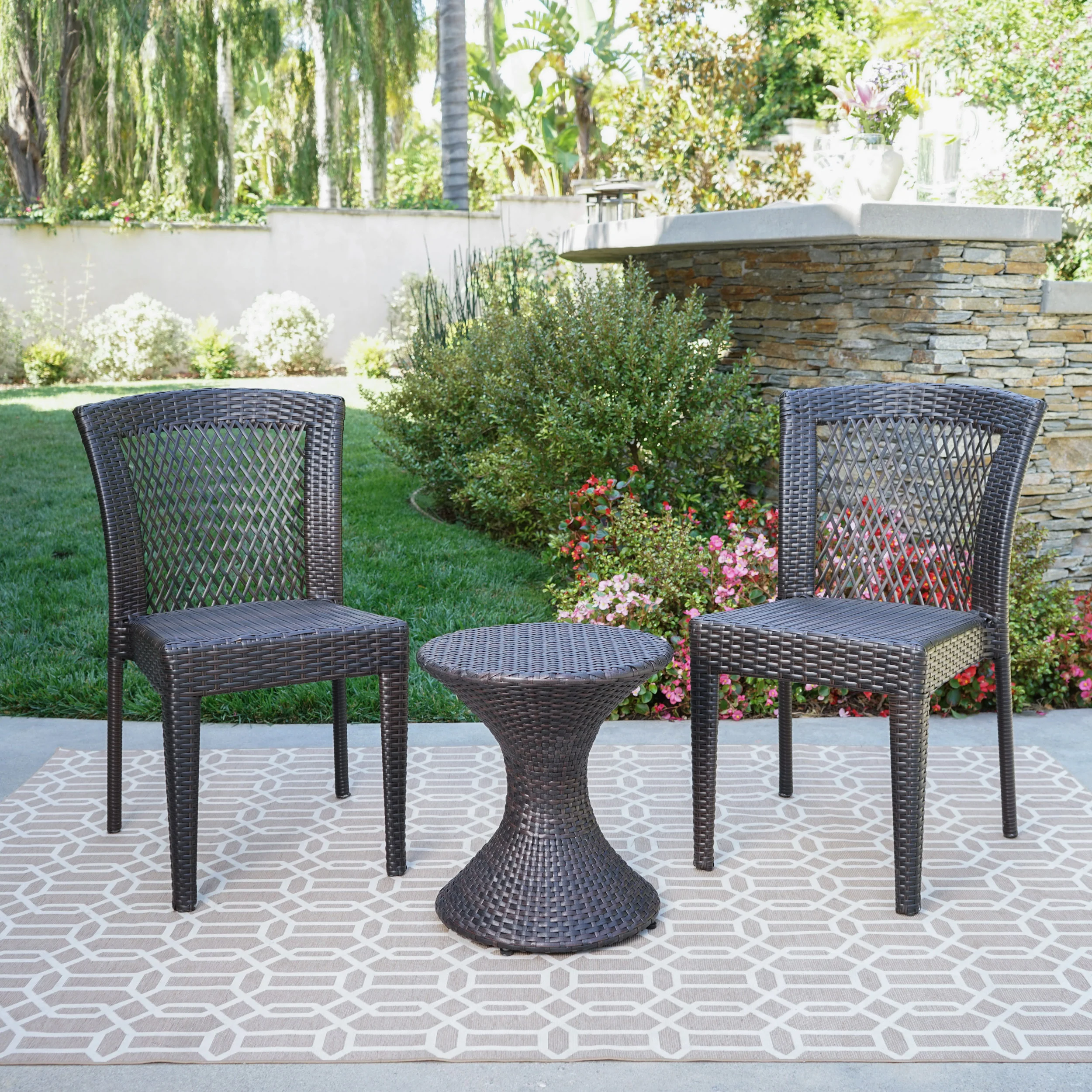 Rigby Outdoor 3 Piece Multi-Brown Wicker Chat Set with Stacking Chairs - furnishings