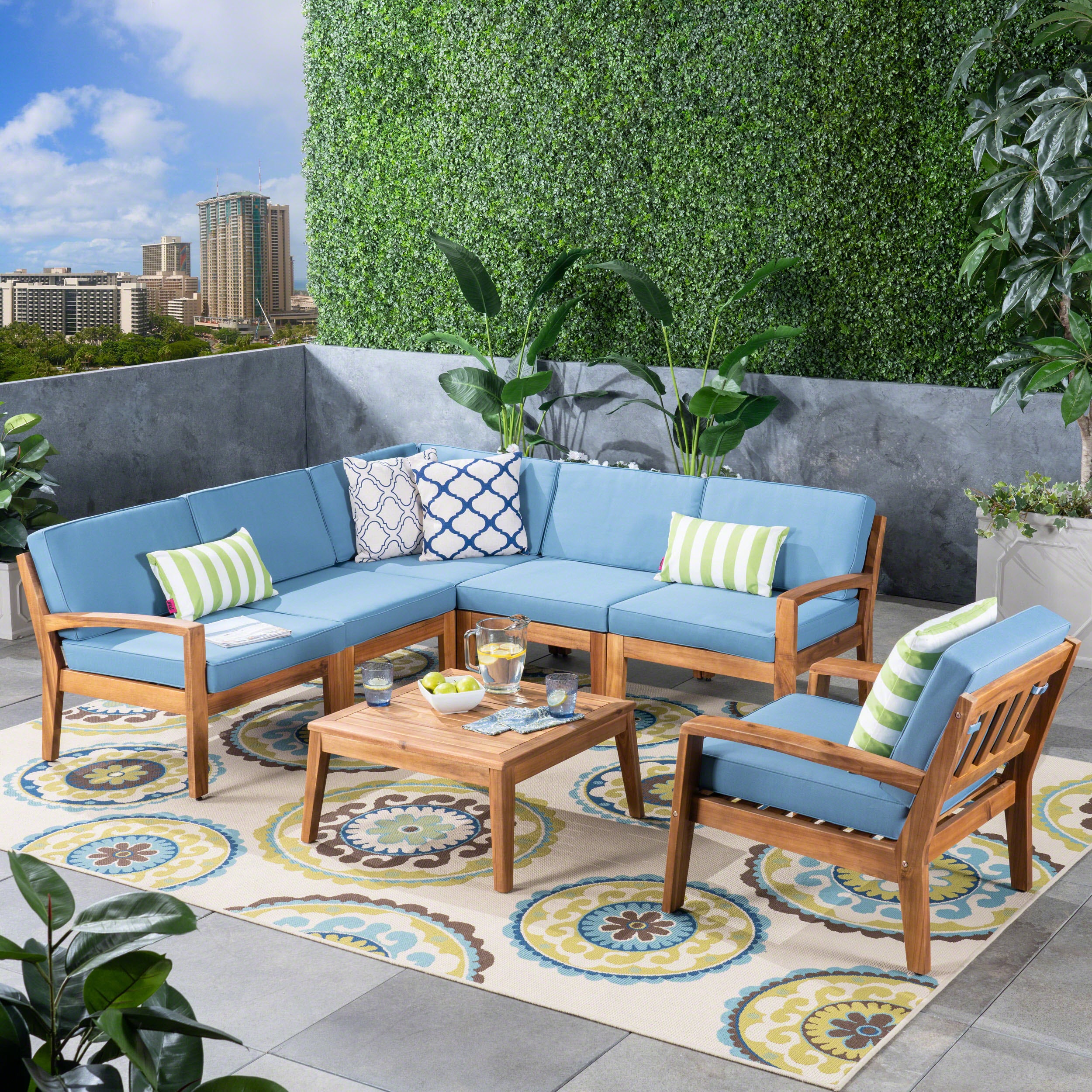 Giselle Outdoor Acacia Wood 6 Seater Sectional Sofa and Club Chair Set with Coffee Table - furnishings