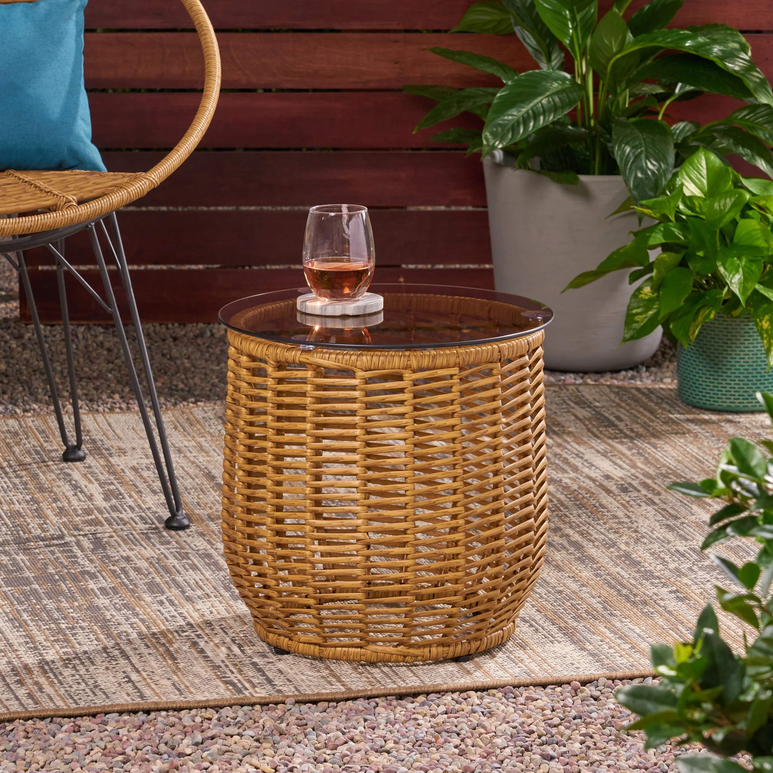 Ola Wicker Side Table with Tempered Glass Top - furnishings