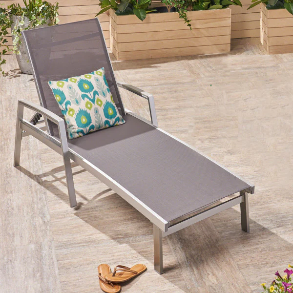 Hollaborn Outdoor Modern Gray Mesh Chaise Lounge - furnishings