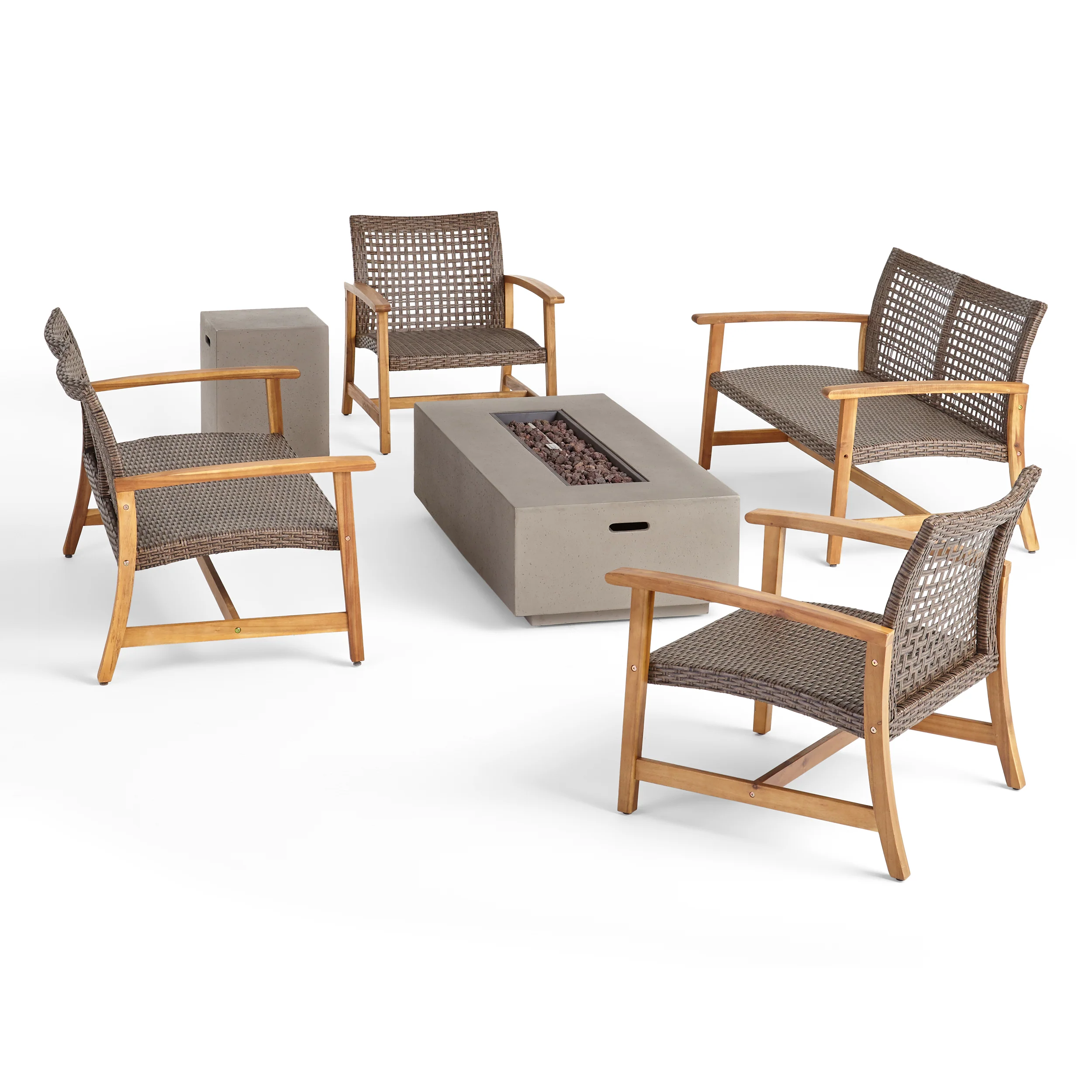 Tabby Outdoor 6 Seater Wood and Wicker Chat Set with Fire Pit - furnishings