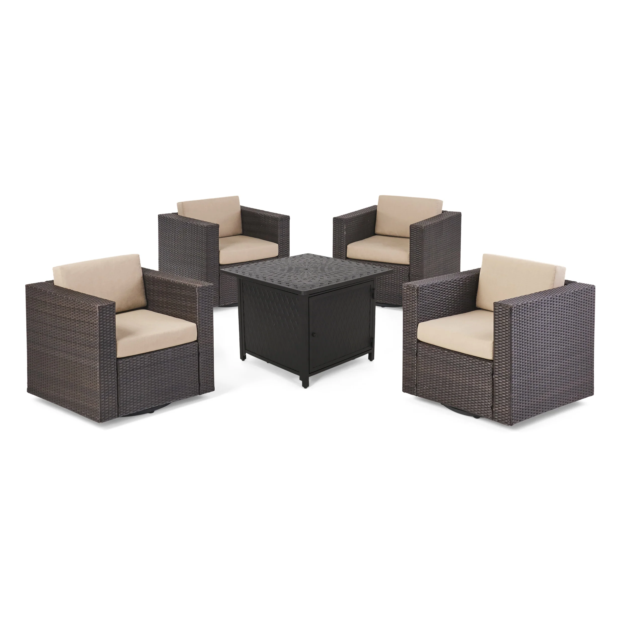 Calella Outdoor 4 Seater Wicker Swivel Chair and Fire Pit Set - furnishings