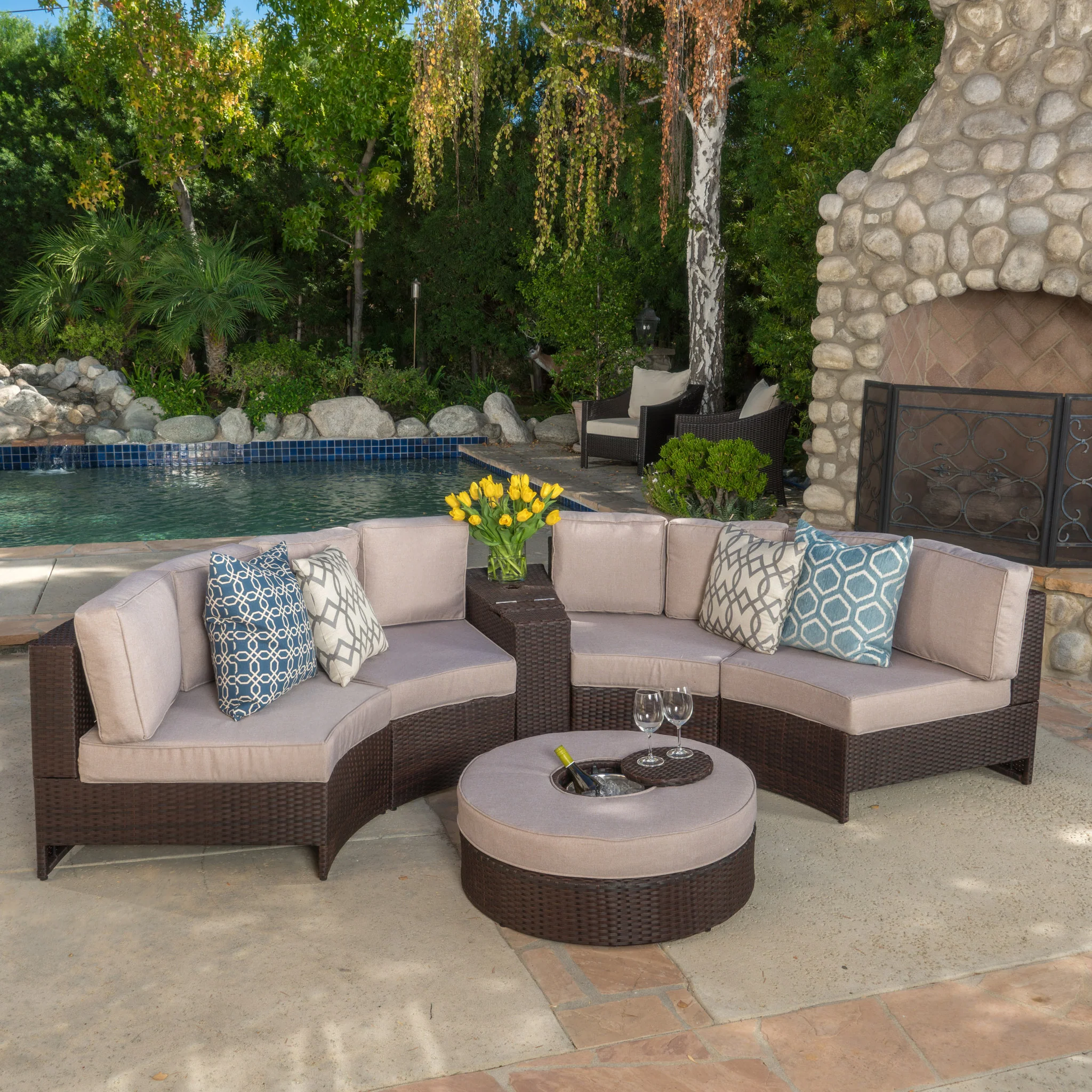 Riviera 6pc Outdoor Sectional Sofa Set w/ Storage Trunk & Ice Bucket - furnishings