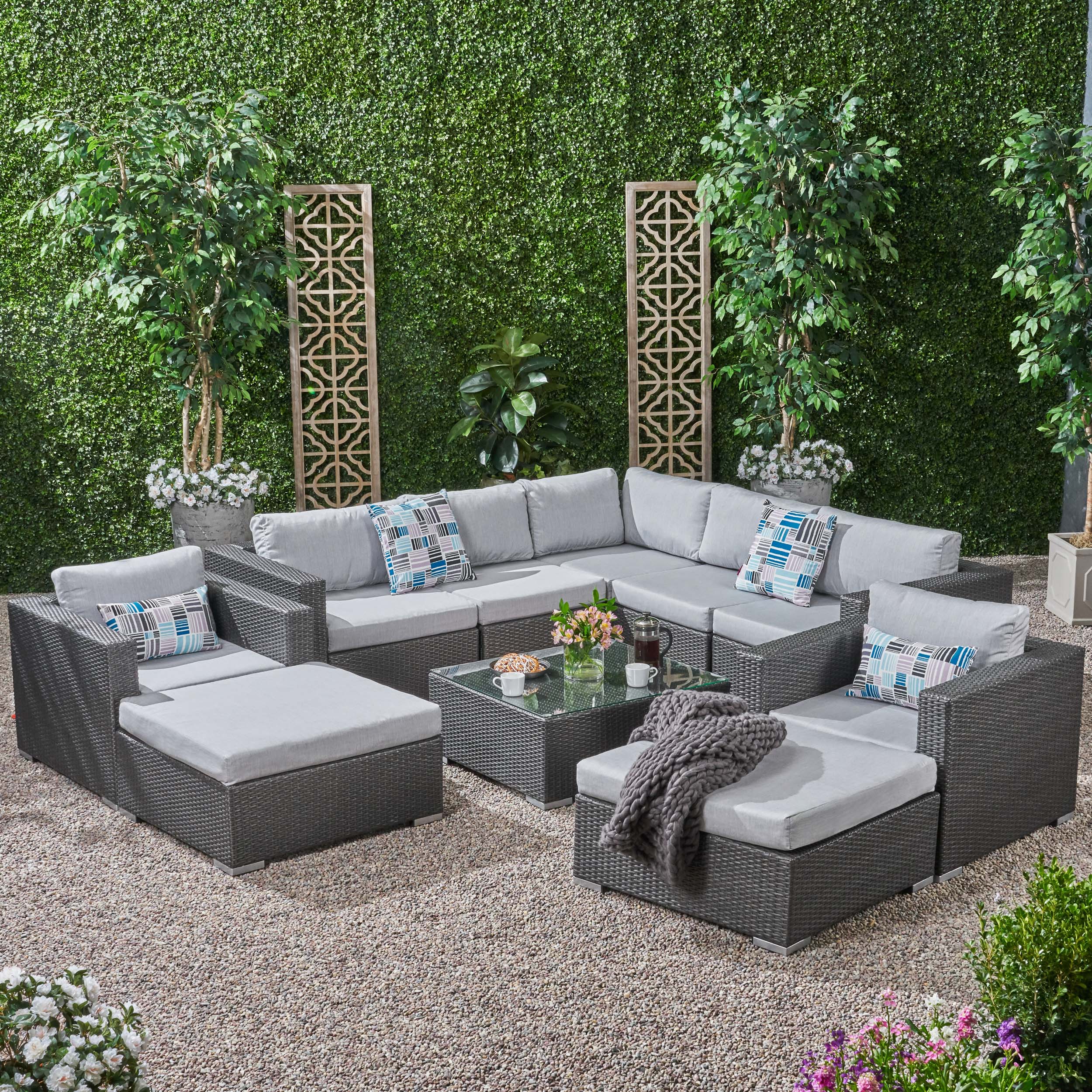 Kyra Outdoor 7 Seater Wicker Sectional Sofa Set with Sunbrella Cushions - furnishings