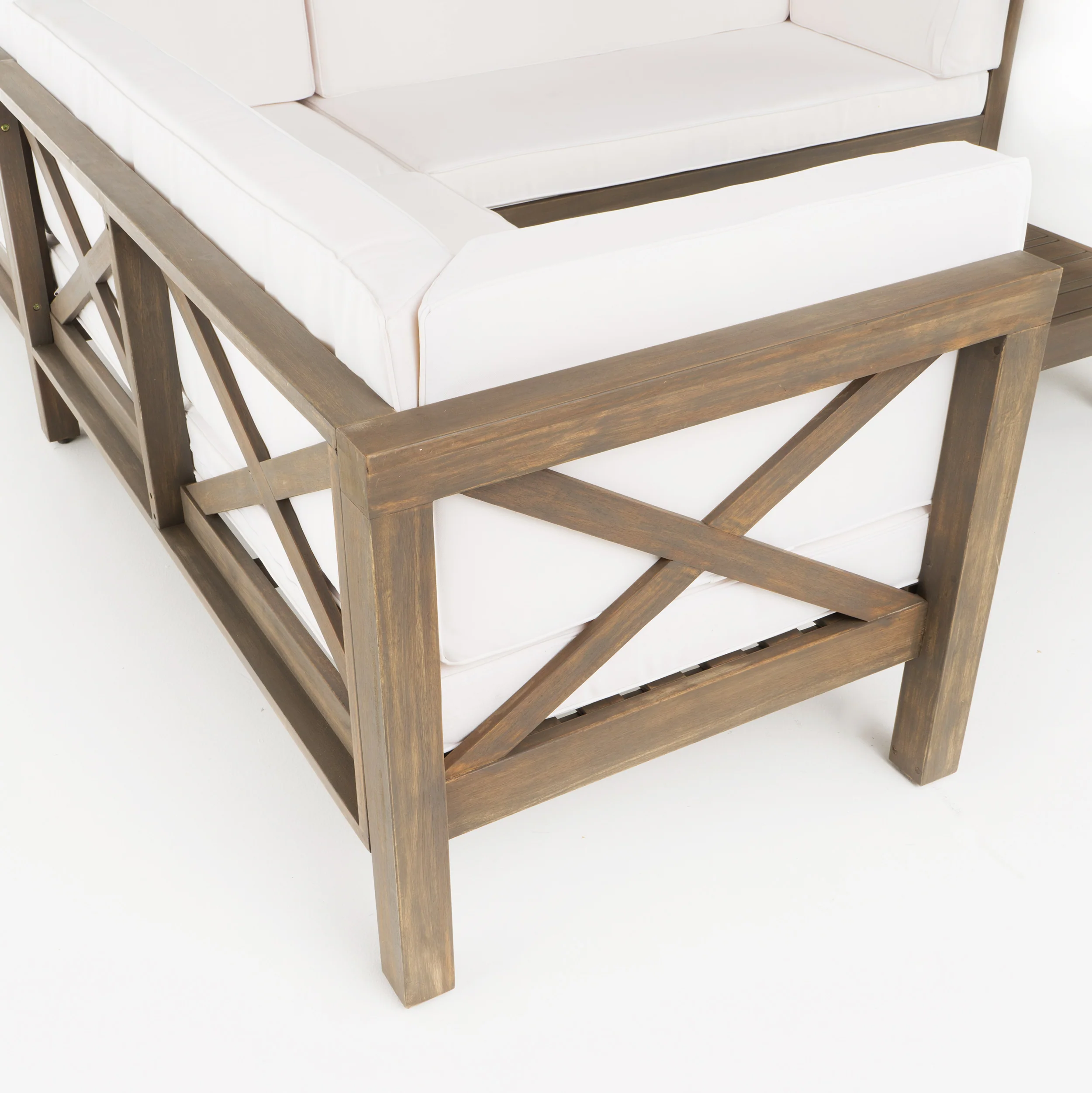 Keith Outdoor Acacia Wood Left Arm Loveseat and Coffee Table Set with Cushion - furnishings