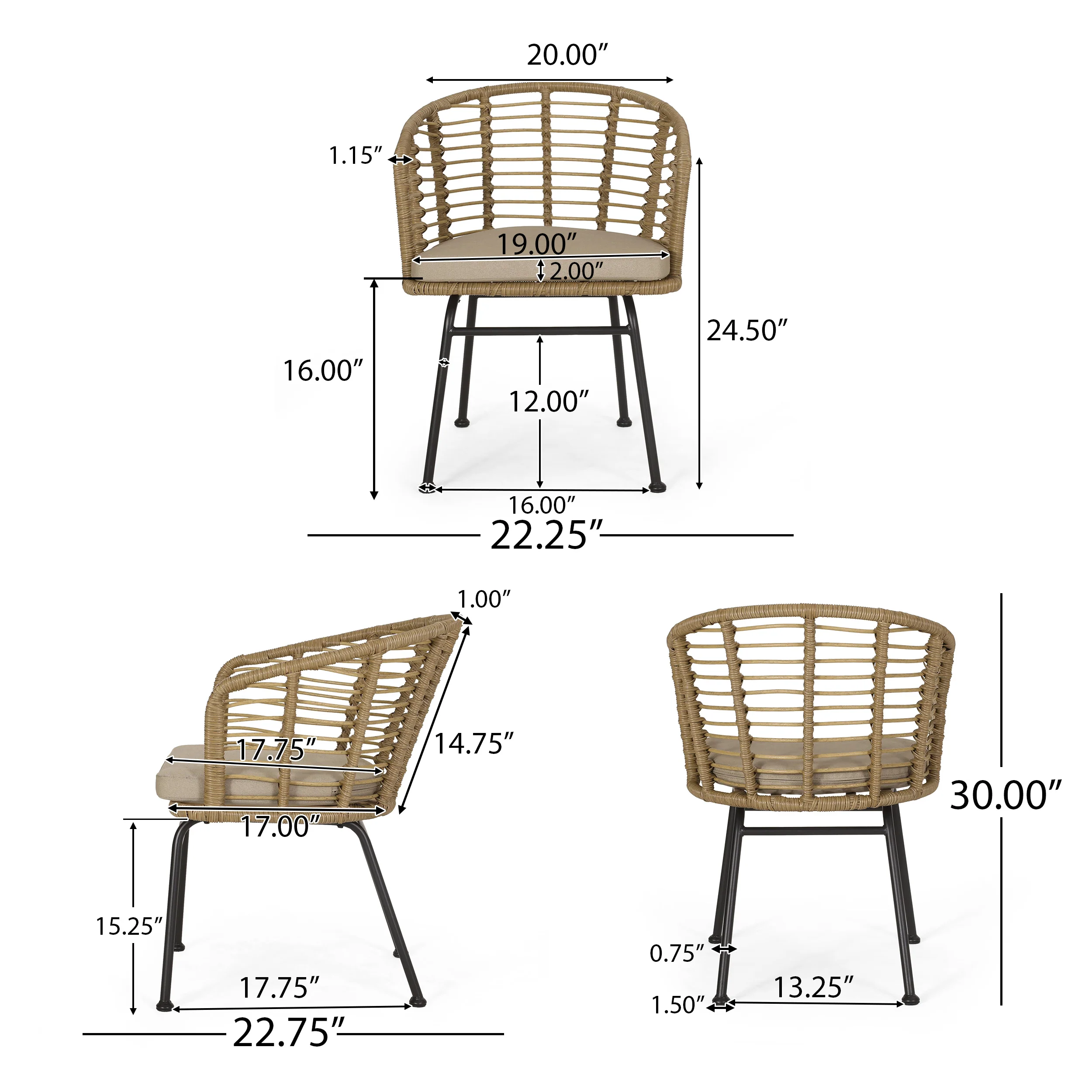 Monture Outdoor Wicker Chair with Water Resistant Cushion, Set of 2, Light Brown and Beige - furnishings