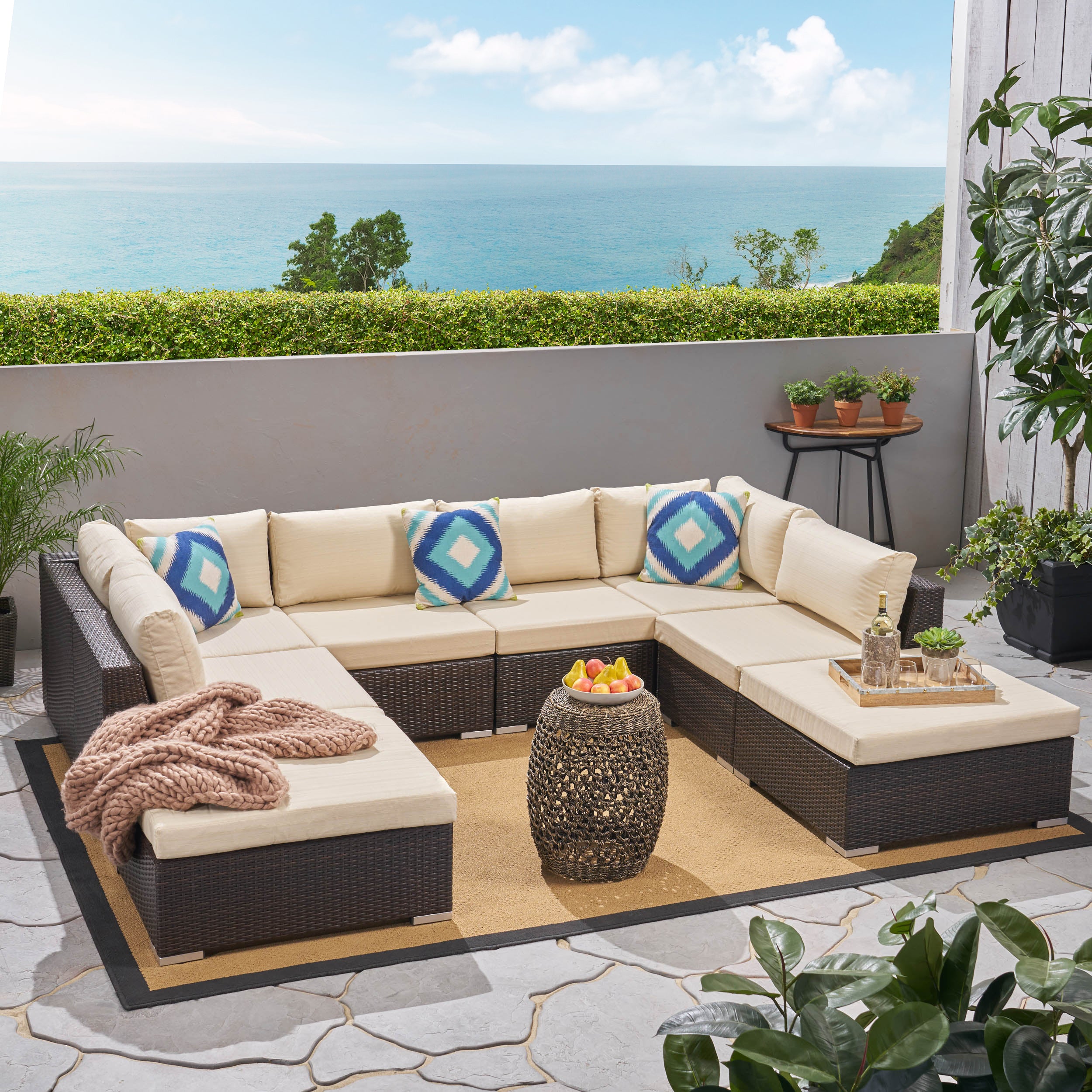 Valentina Outdoor 6 Seater Wicker Sofa Set with Aluminum Frame and Cushions - furnishings