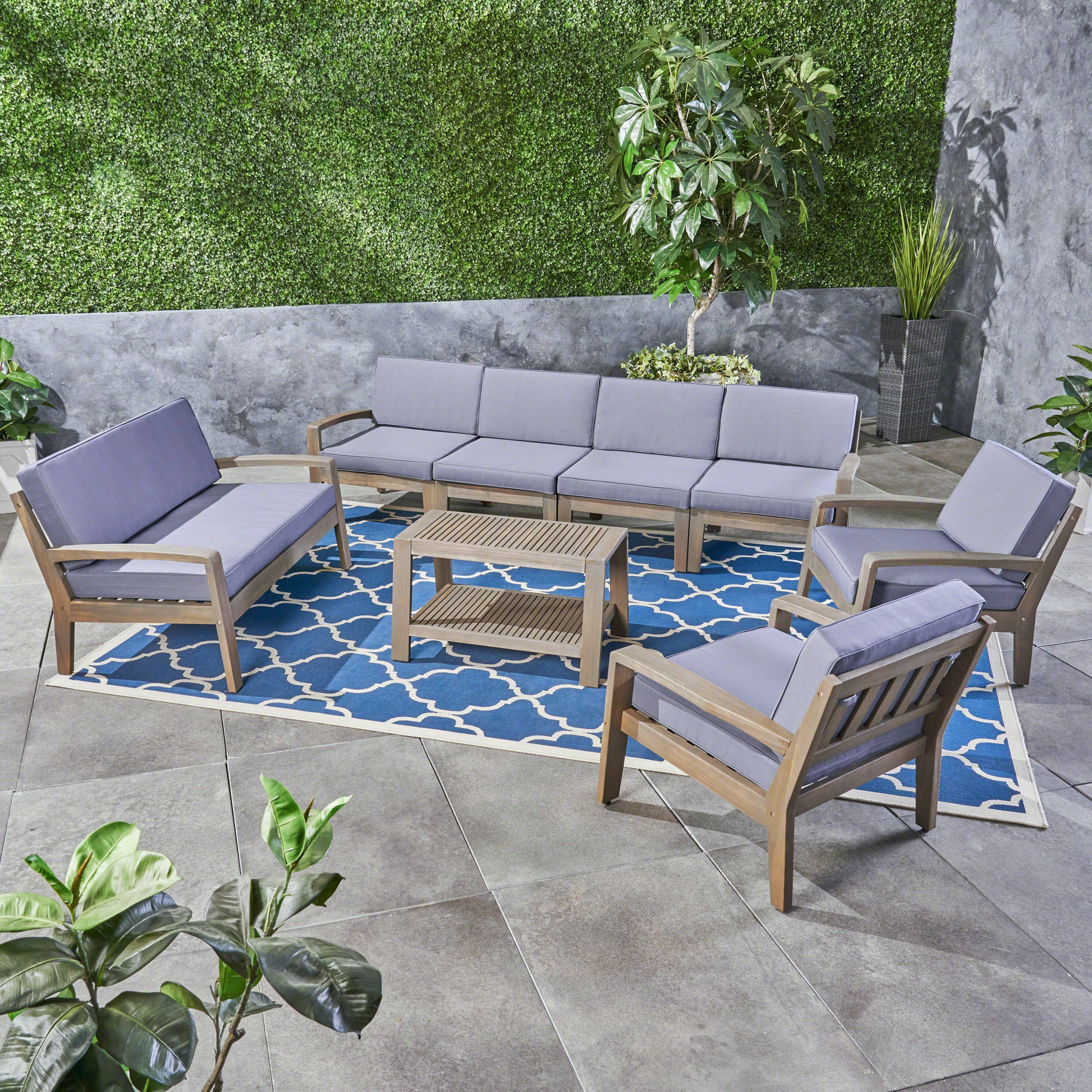Giselle Outdoor Acacia Wood 8 Seater Sectional Chat Set with Coffee Table - furnishings