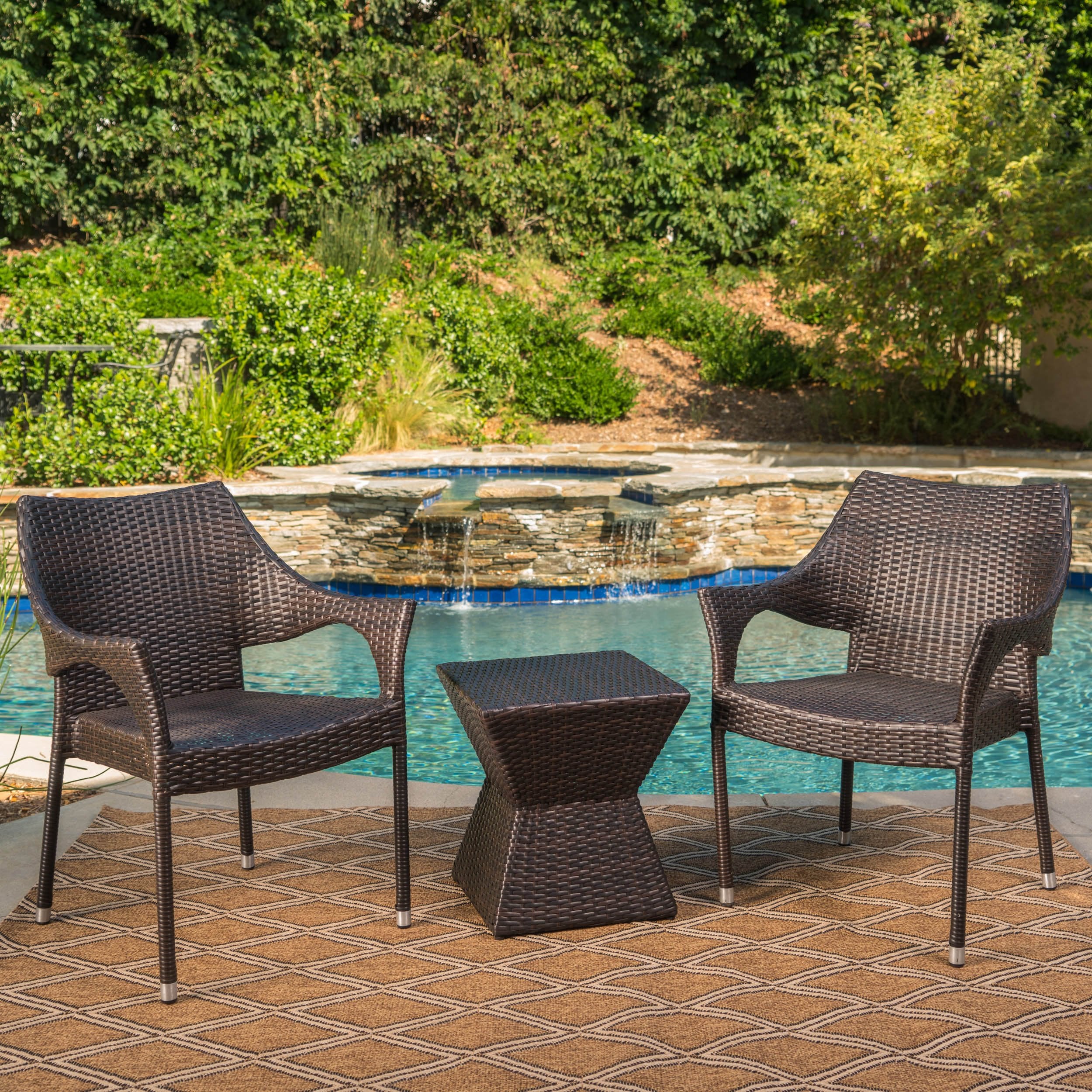 Arlost Outdoor 3 Piece Multi-Brown Wicker Chat Set with Stacking Chairs - furnishings